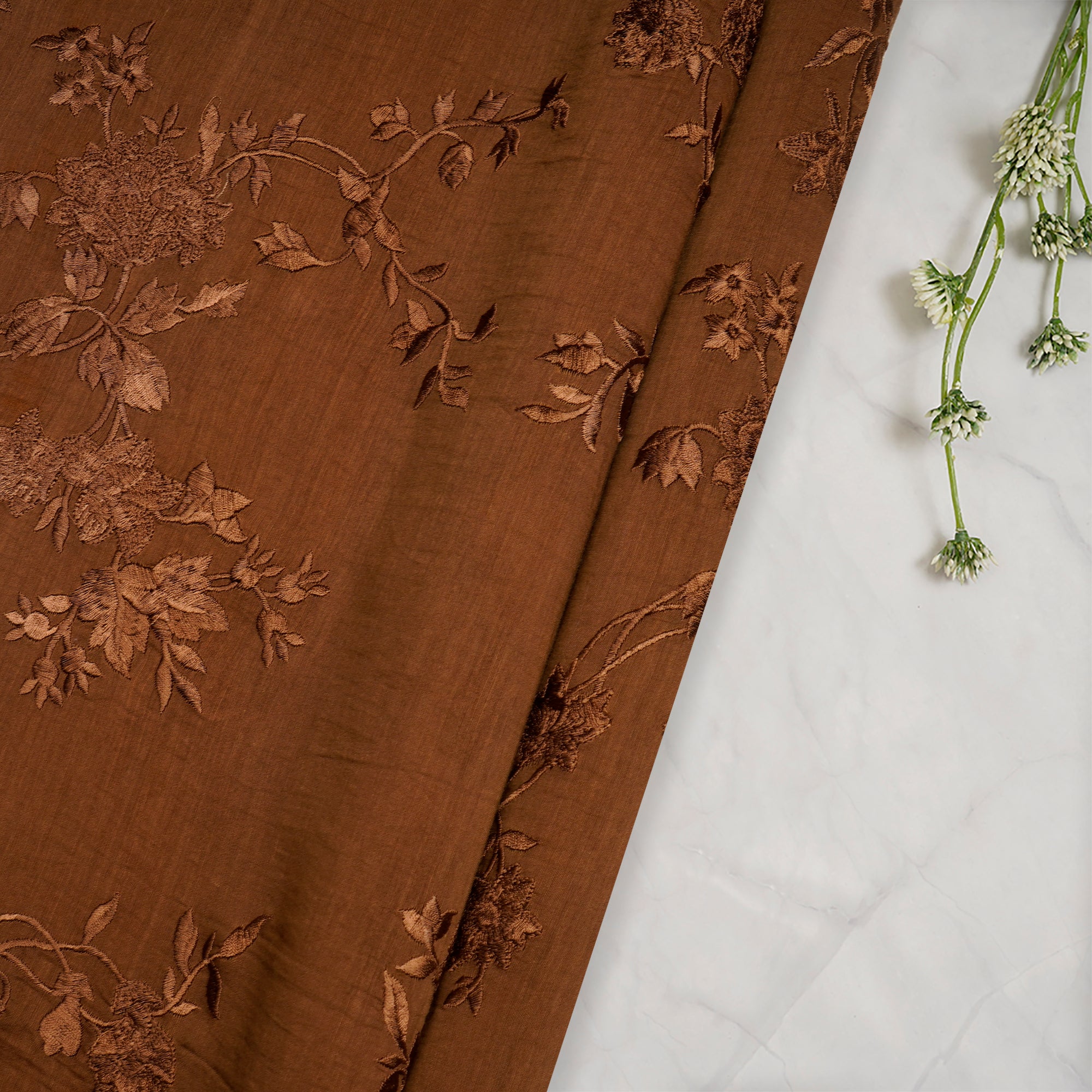 (Pre-Cut 1.45 Mtr)Brown Floral Pattern Embroidered Silk Cotton Fabric