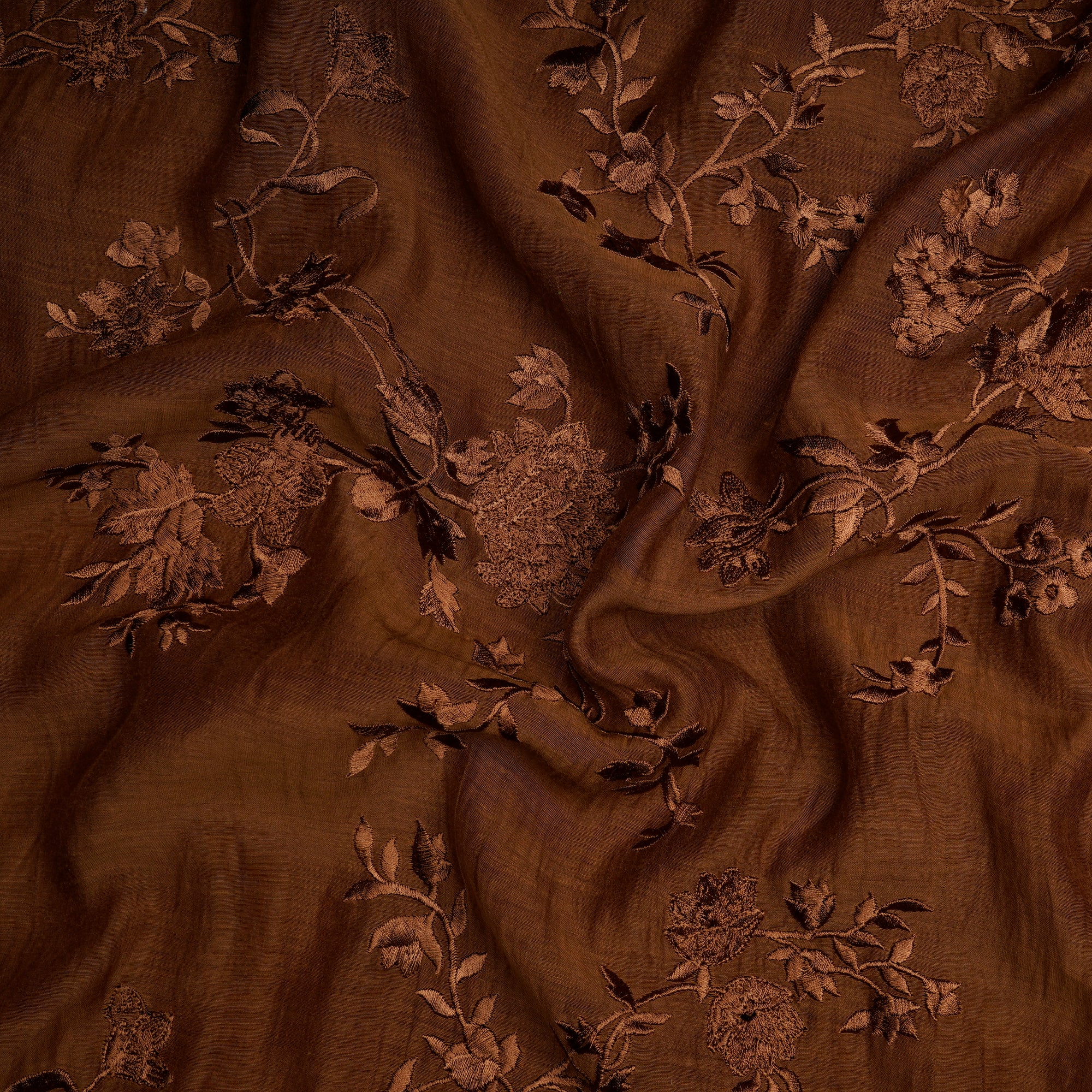 (Pre-Cut 1.45 Mtr)Brown Floral Pattern Embroidered Silk Cotton Fabric