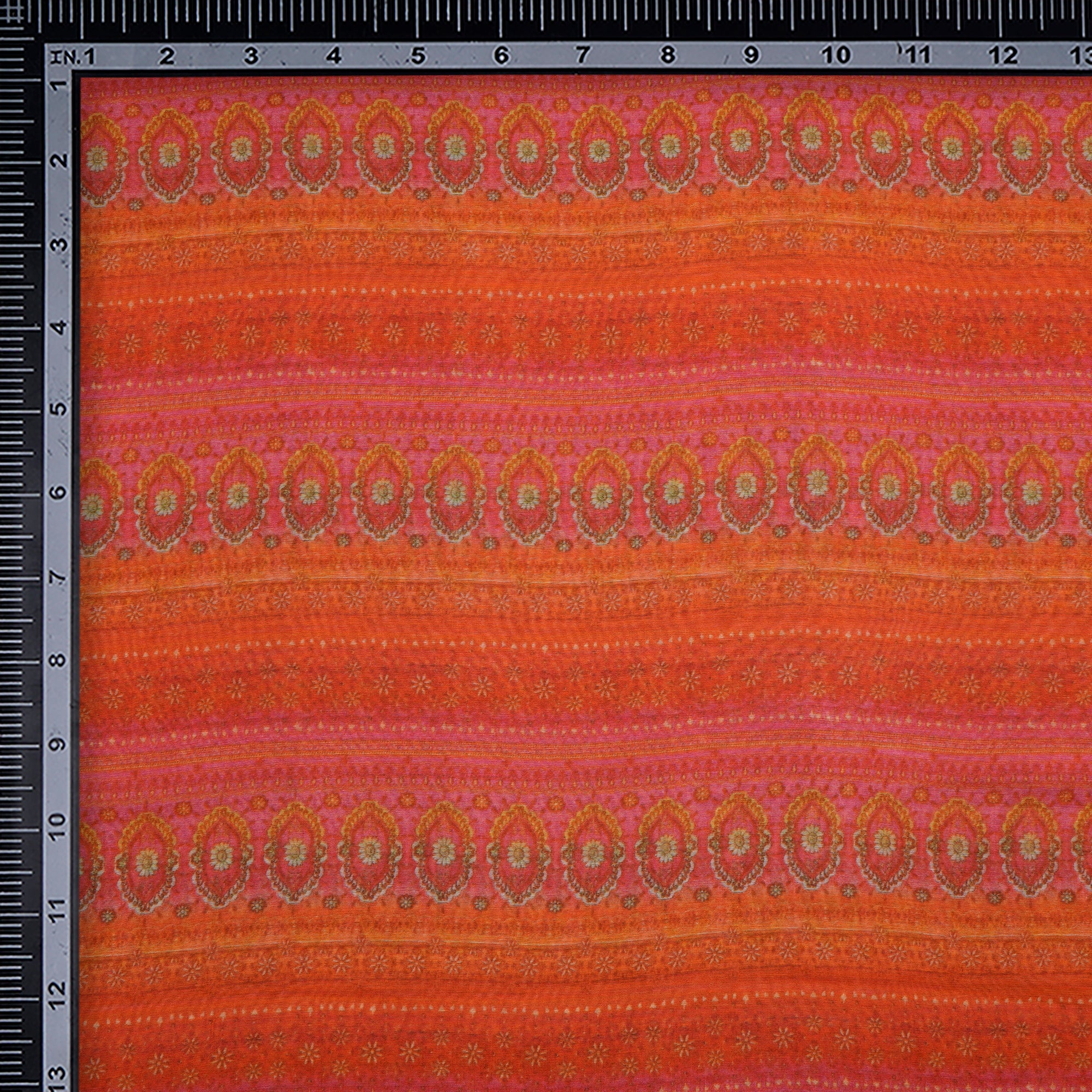(Pre-Cut 1.85 Mtr)Pink-Orange Color Digital Printed Pure Chanderi Fabric