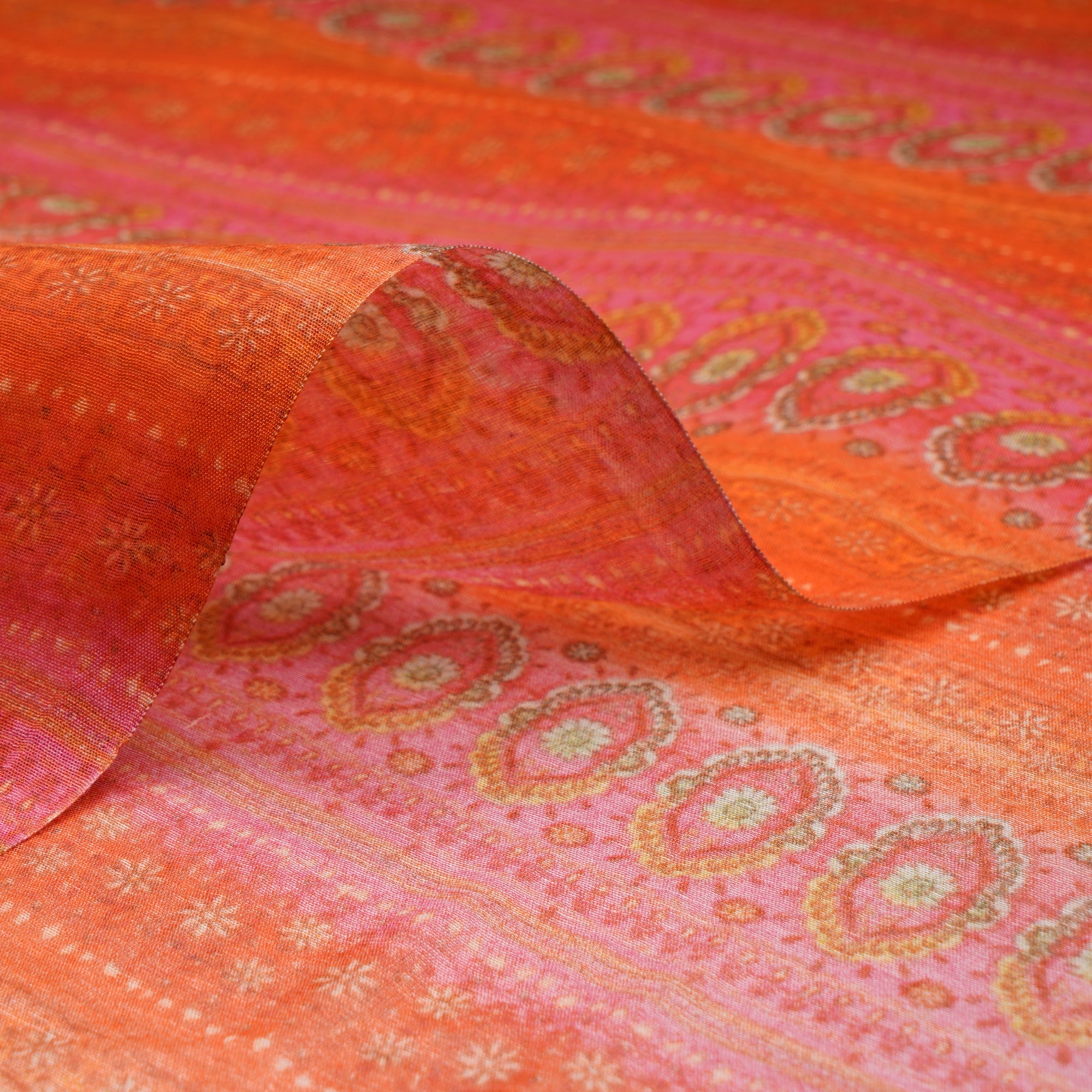 (Pre-Cut 1.85 Mtr)Pink-Orange Color Digital Printed Pure Chanderi Fabric