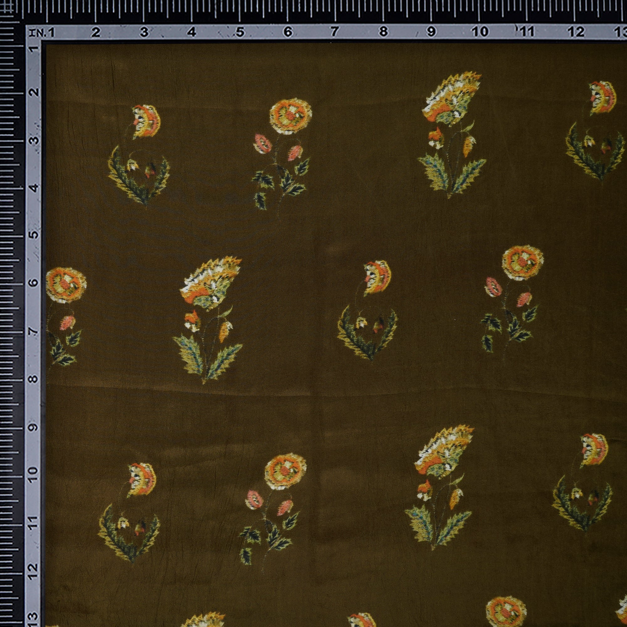 (Pre-Cut 2.45 Mtr)Olive Green Floral Pattern Digital Print Habutai Fabric