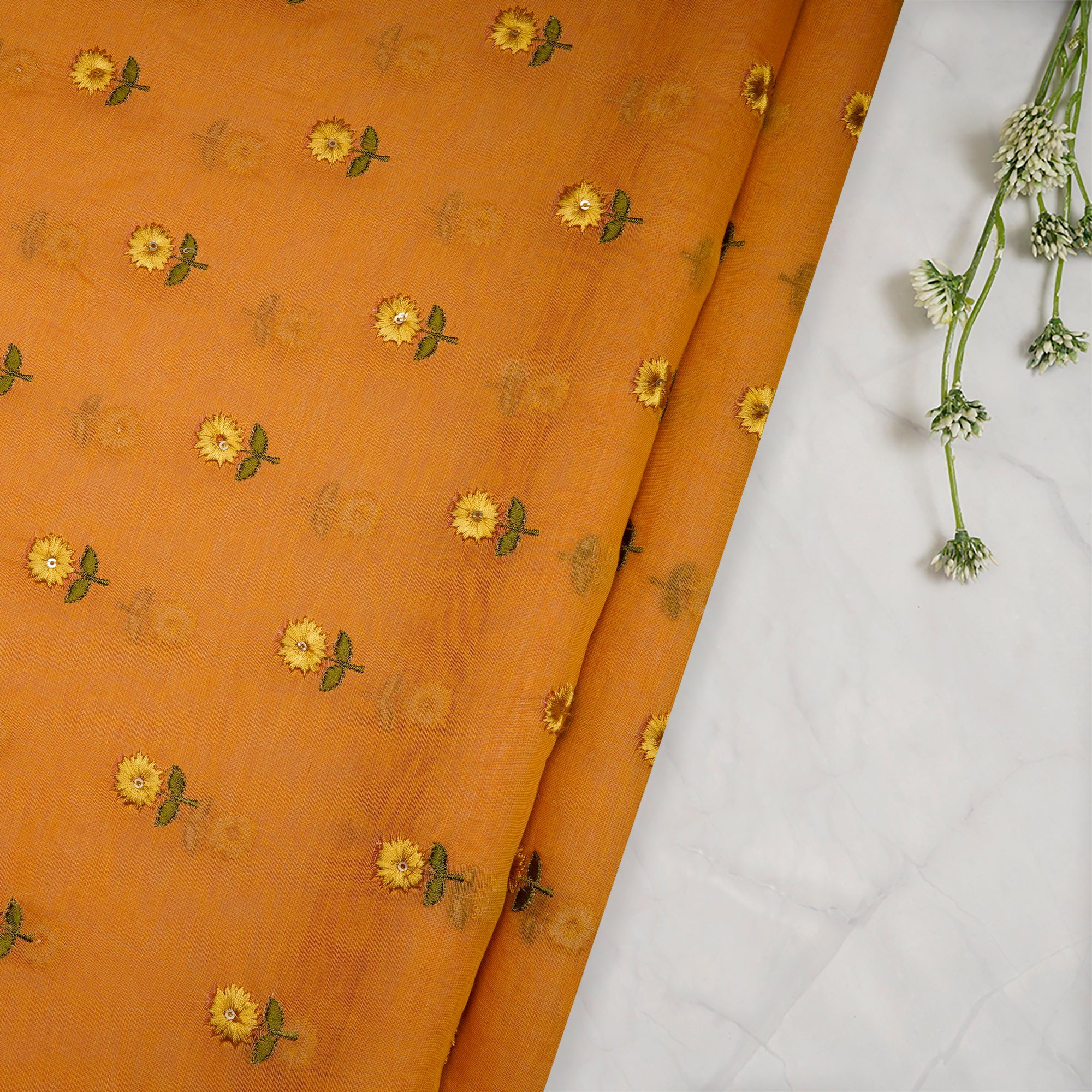 (Pre-Cut 1.90 Mtr)Mustard Floral Motif Pattern Embroidered Silk-Cotton Fabric