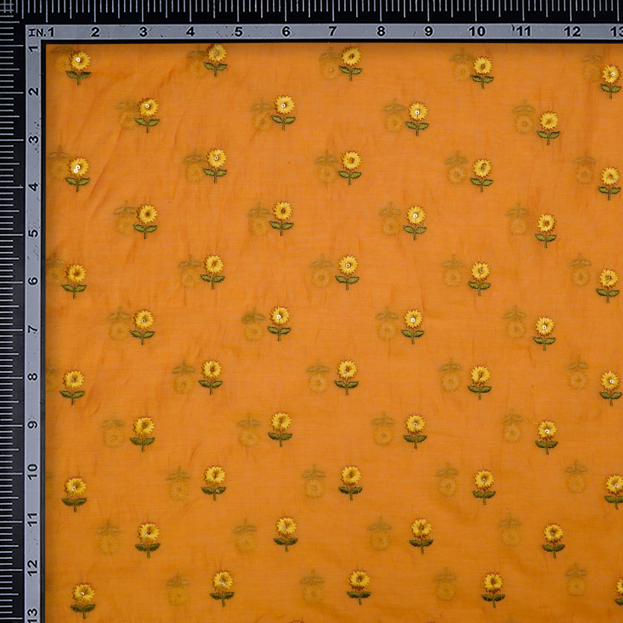 (Pre-Cut 1.90 Mtr)Mustard Floral Motif Pattern Embroidered Silk-Cotton Fabric