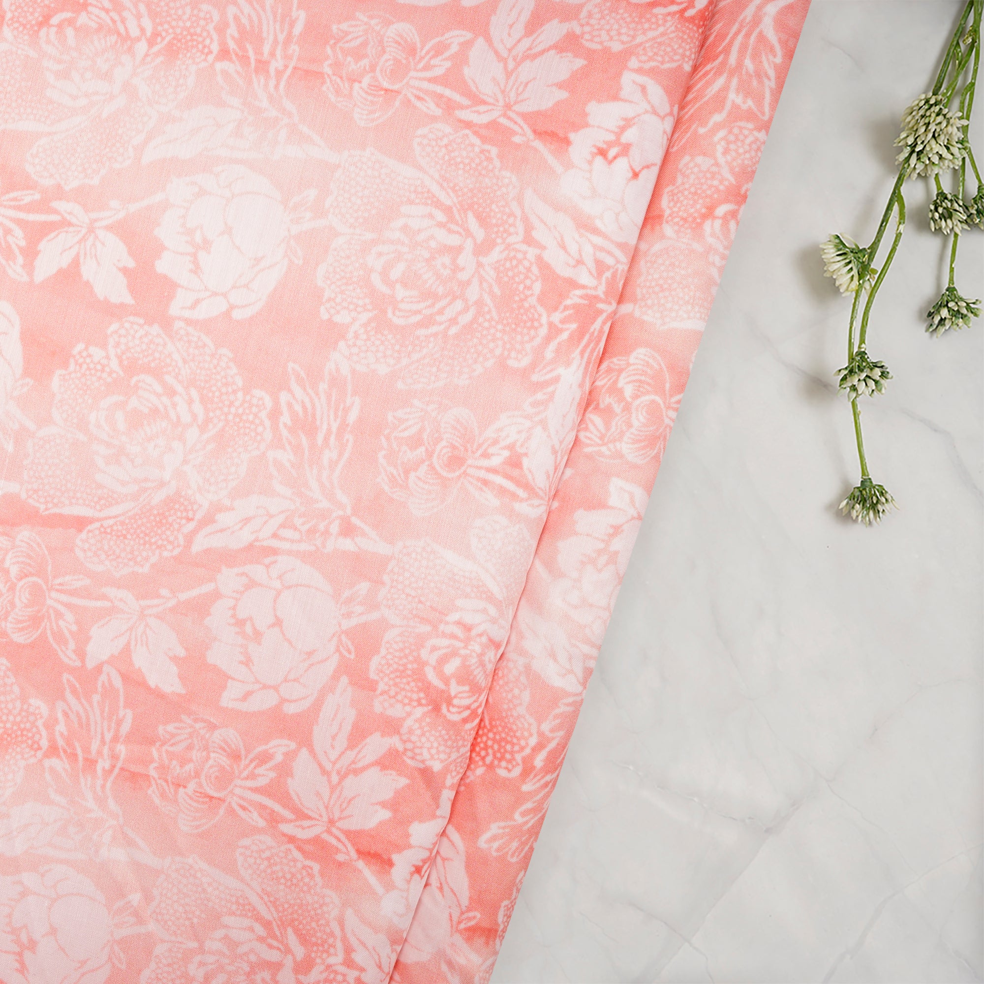 (Pre-Cut 2.60 Mtr)Peach-White Floral Pattern Digital Print Muslin Fabric