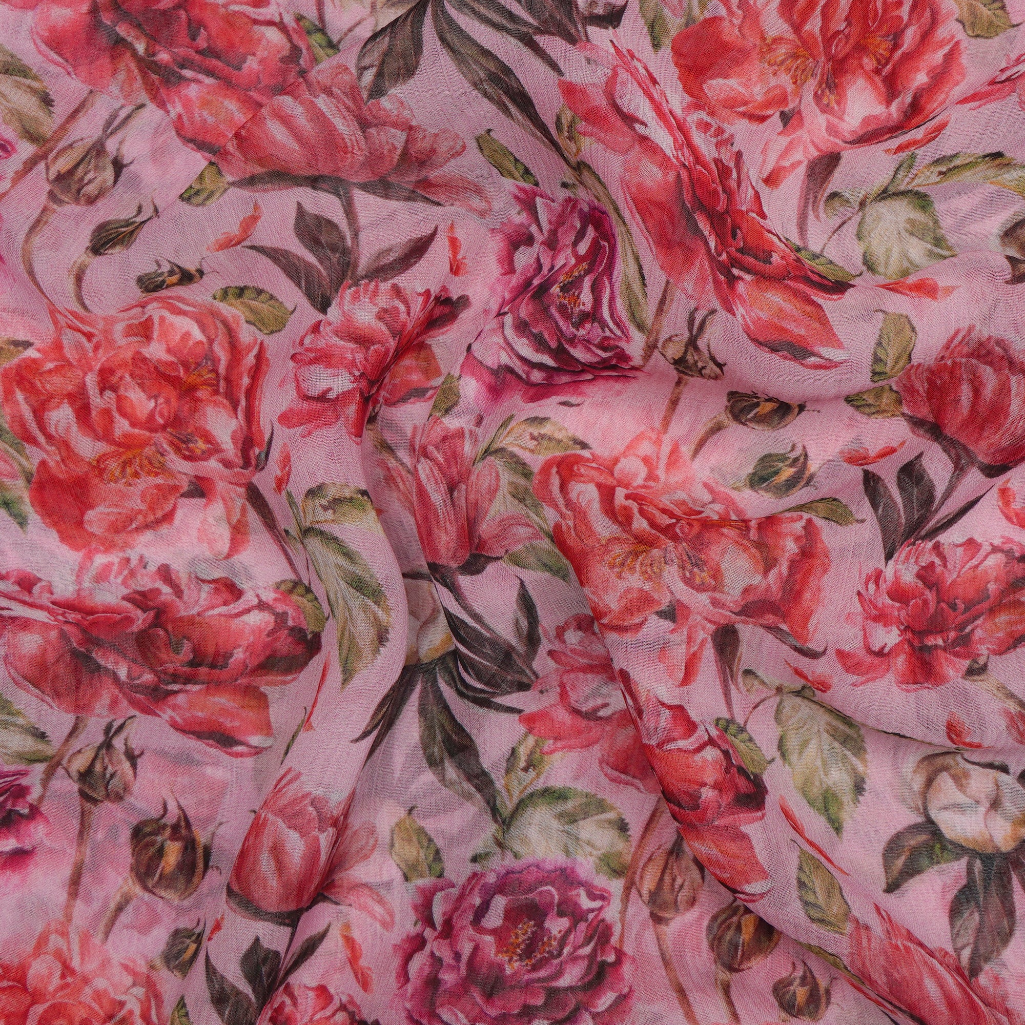 (Pre-Cut 2.50 Mtr)Baby Pink Floral Pattern Digital Print Bemberg Chiffon Fabric