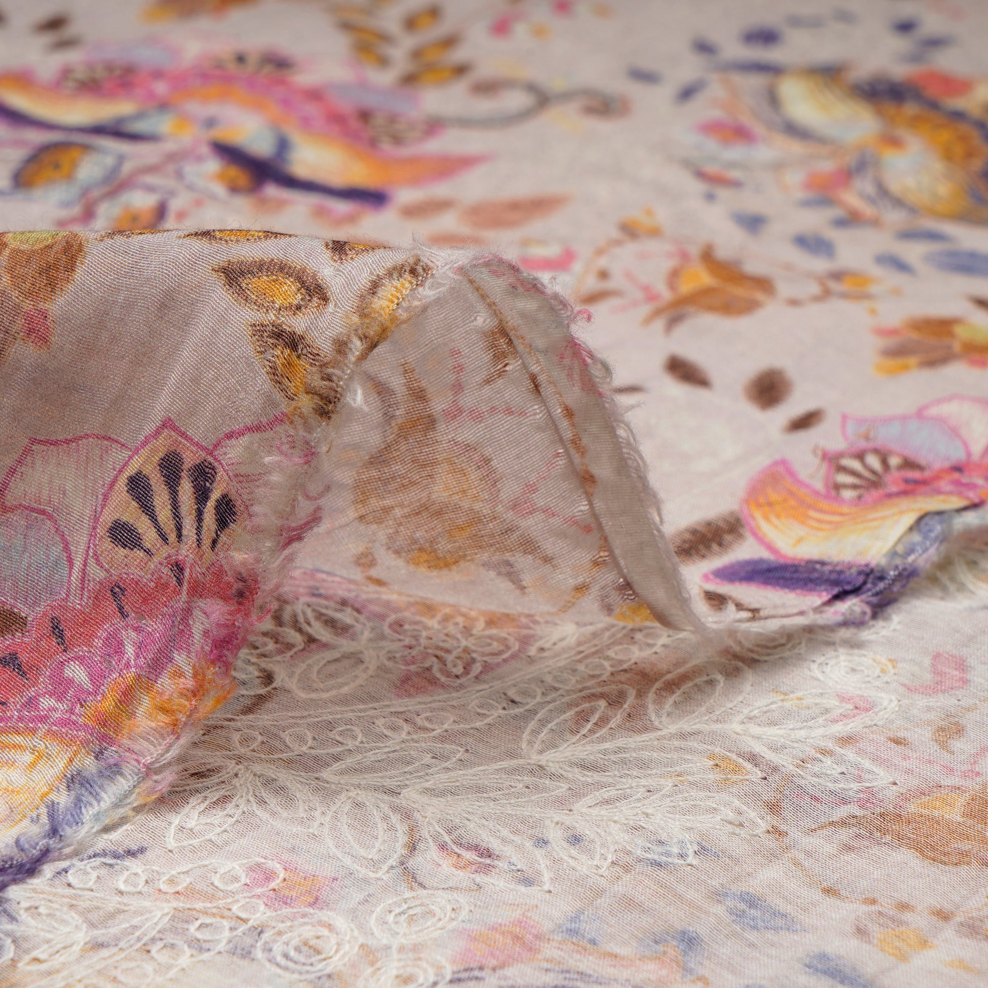 (Pre-Cut 3.10 Mtr)Multi Color Digital Printed Embroidered Pure Chanderi Fabric