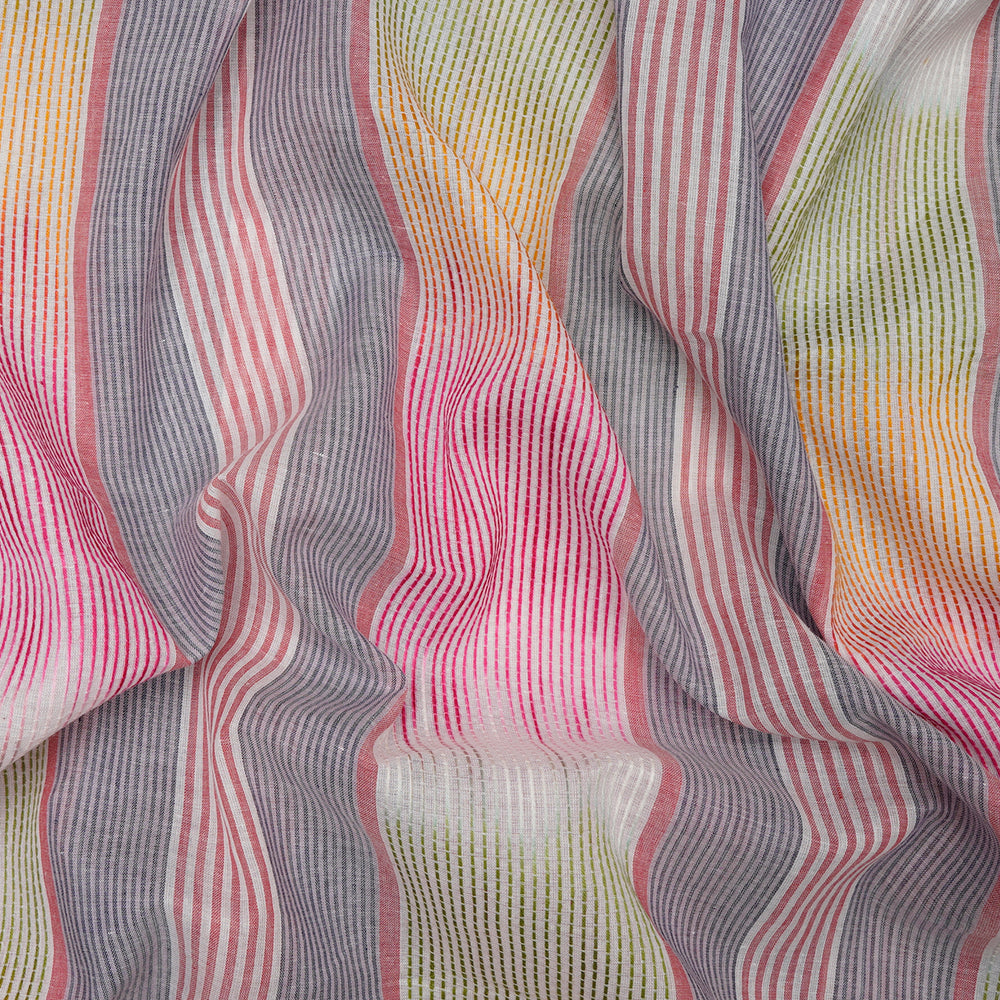 (Pre-Cut 0.90 Mtr) Multi Color Stripe Pattern Pure Woven Cotton Fabric