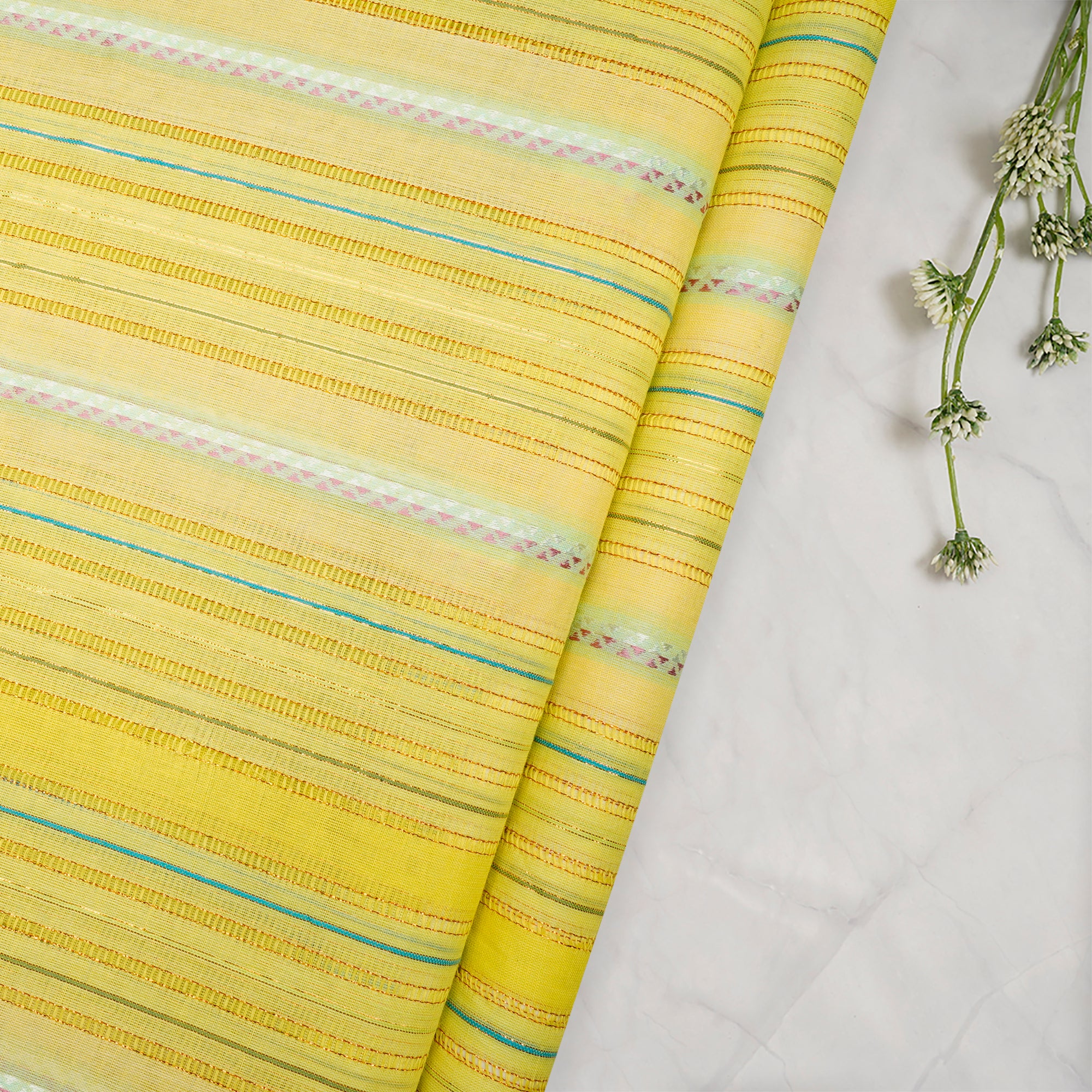 (Pre-Cut 2.40 Mtr)- Lime Lurex Woven Cotton Voile Fabric