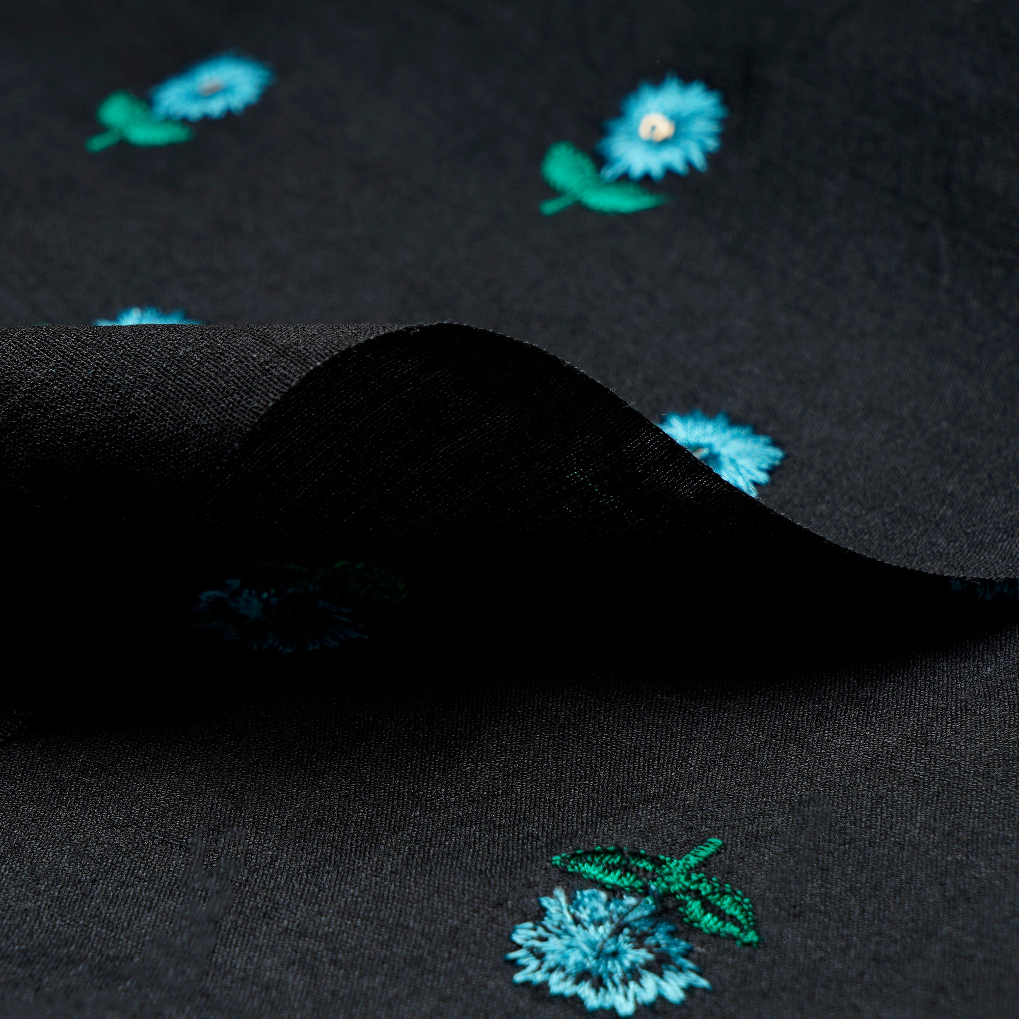 (Pre-Cut 0.55 Mtr)Black-Blue Color Embroidered Muga Silk Fabric