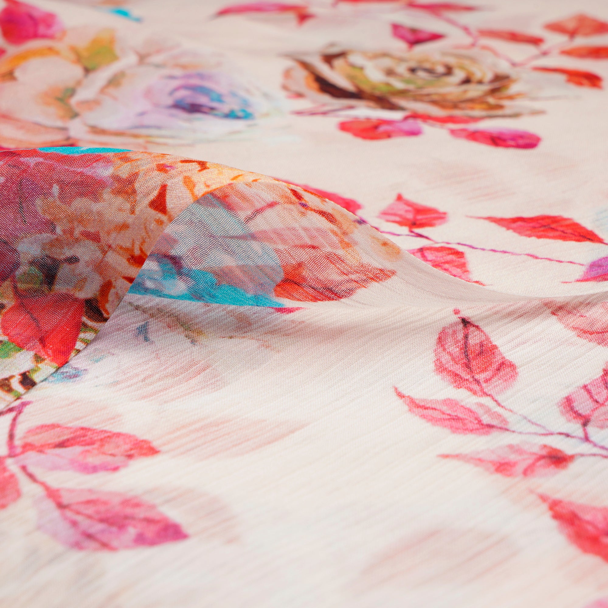 (Pre-Cut 3.40 Mtr)Multi Color Floral Pattern Digital Print Bemberg Chiffon Fabric