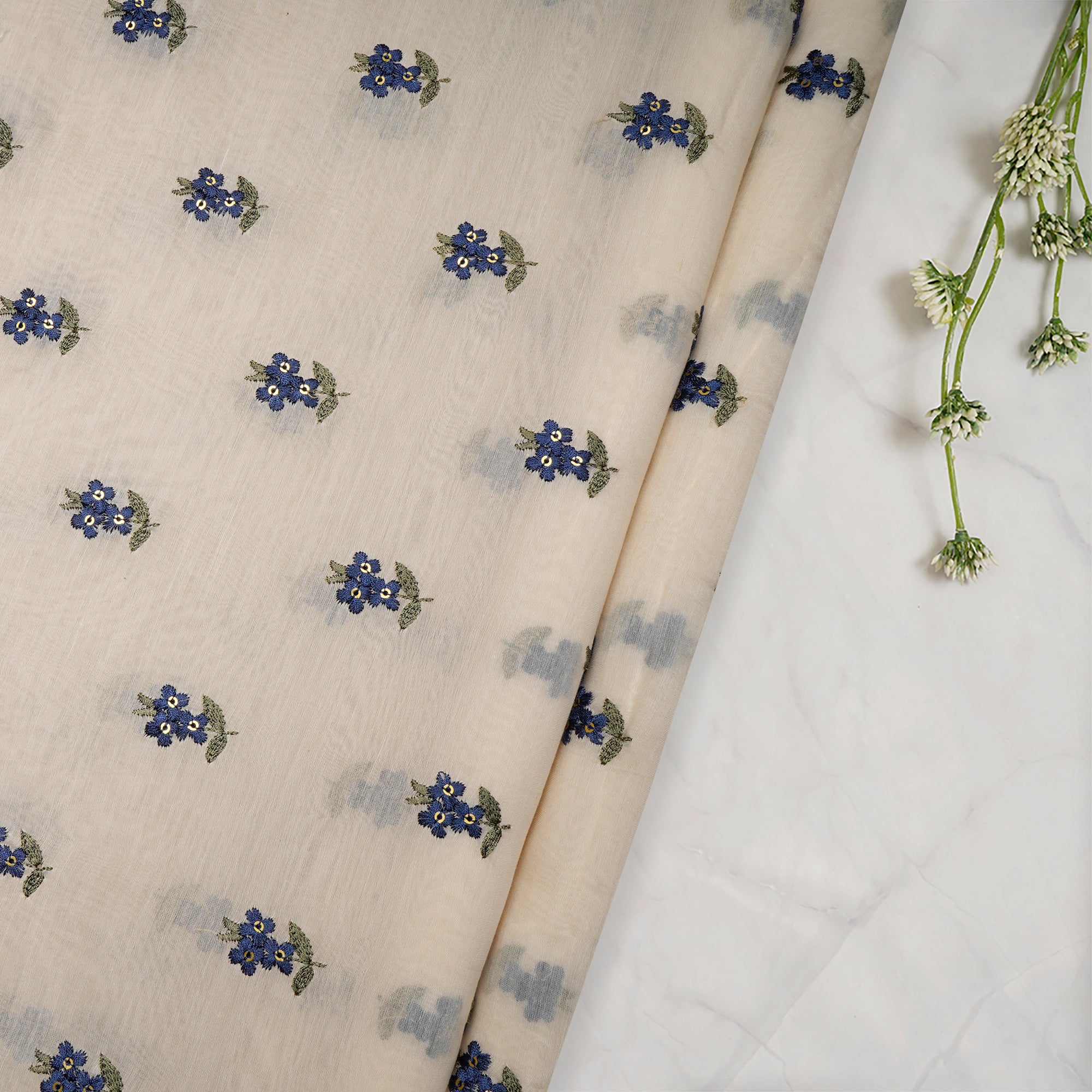 (Pre-Cut 2.50 Mtr)Off White-Blue color Embroidered Fine Chanderi Fabric