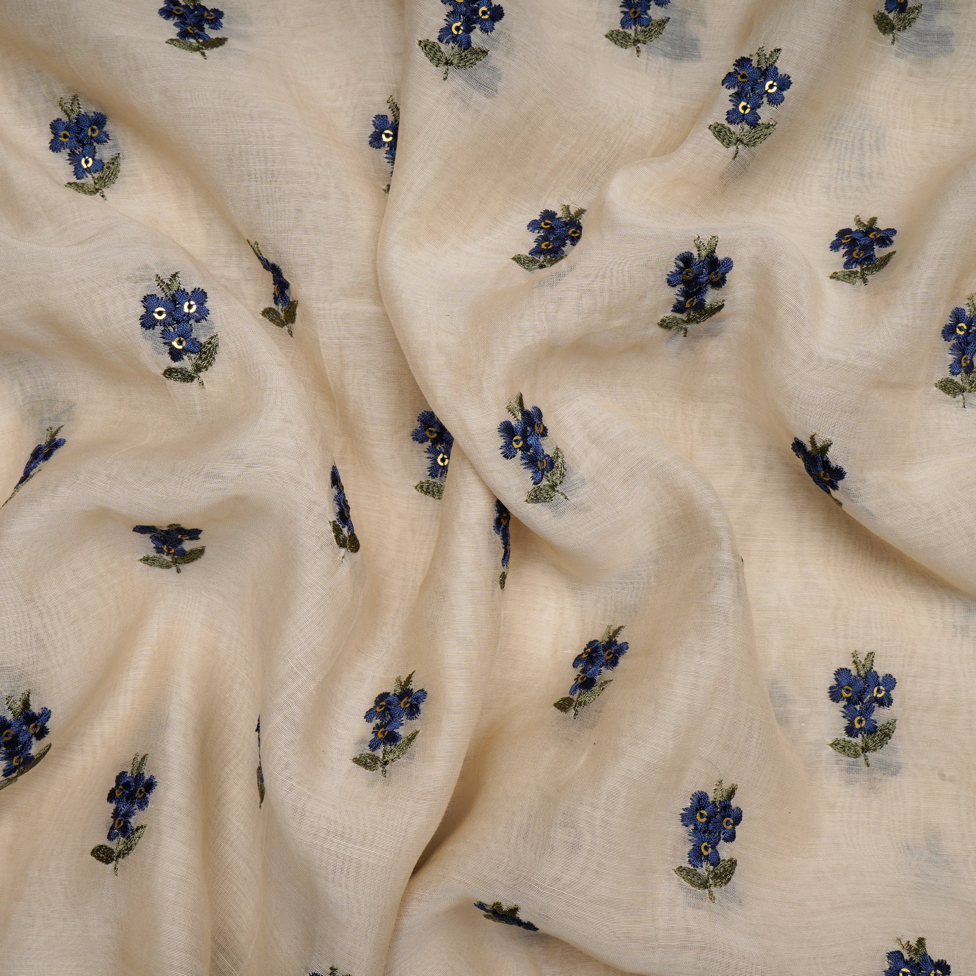 (Pre-Cut 2.50 Mtr)Off White-Blue color Embroidered Fine Chanderi Fabric