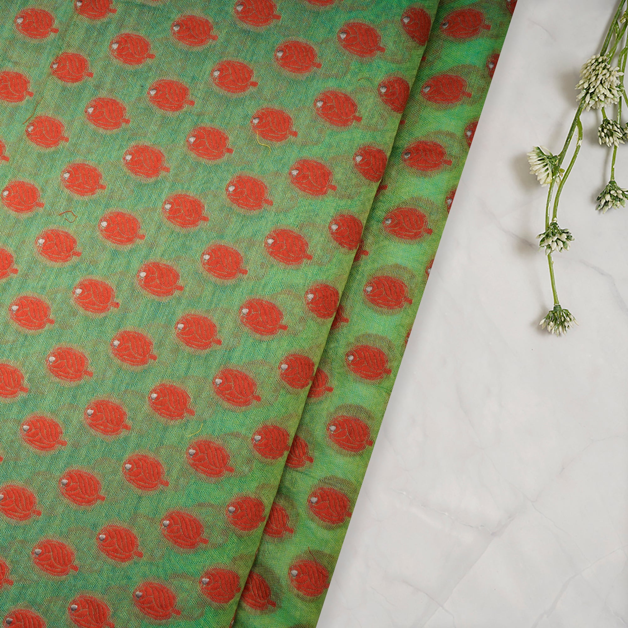 (Pre-Cut 3.35 Mtr)Green All Over Pattern Silk-Cotton Jacquard Fabric