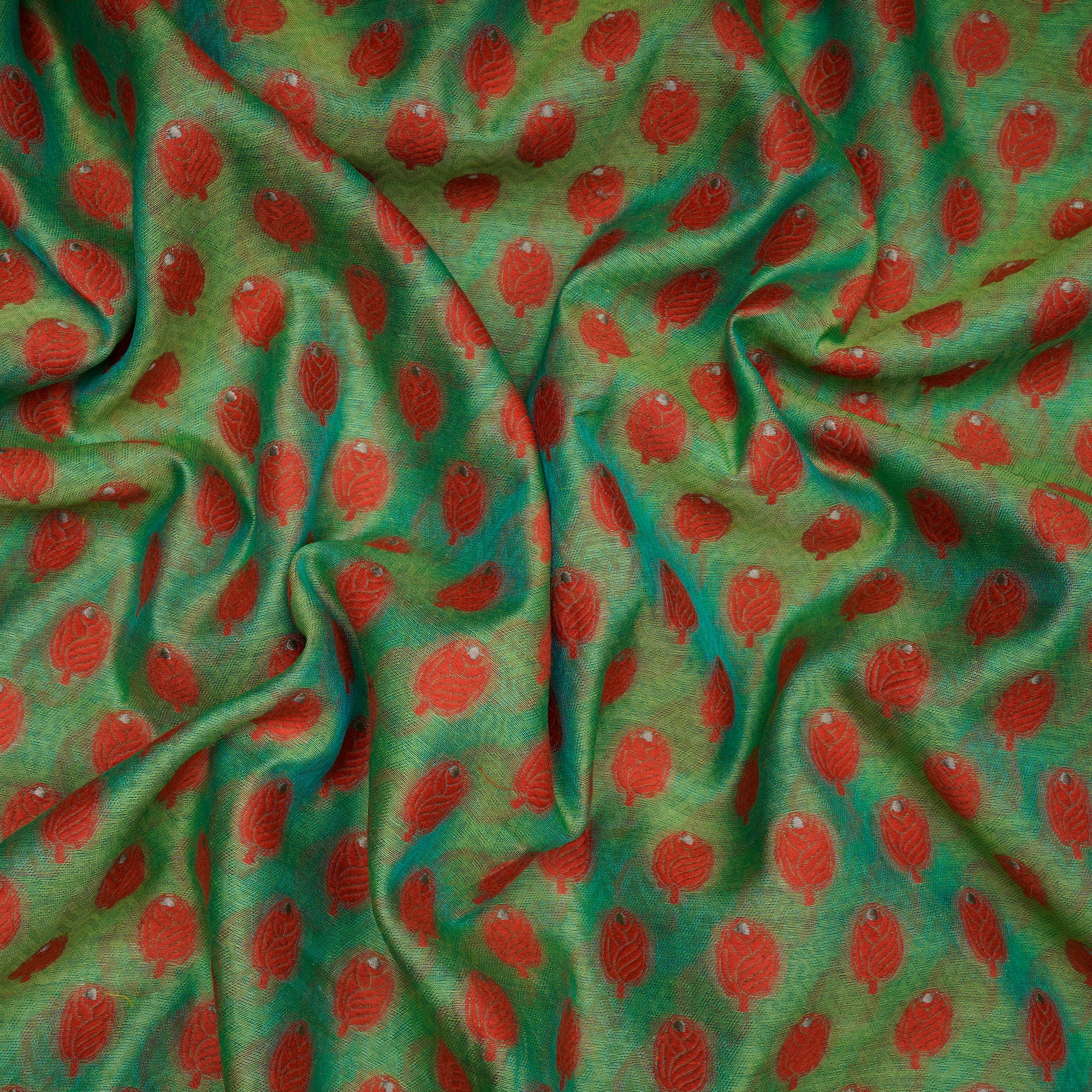 (Pre-Cut 3.35 Mtr)Green All Over Pattern Silk-Cotton Jacquard Fabric