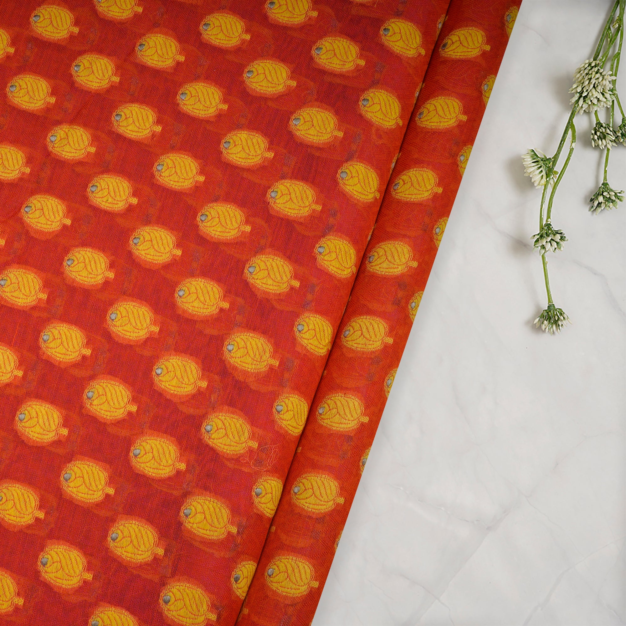 (Pre-Cut 3.50 Mtr) Orange All Over Pattern Silk-Cotton Jacquard Fabric