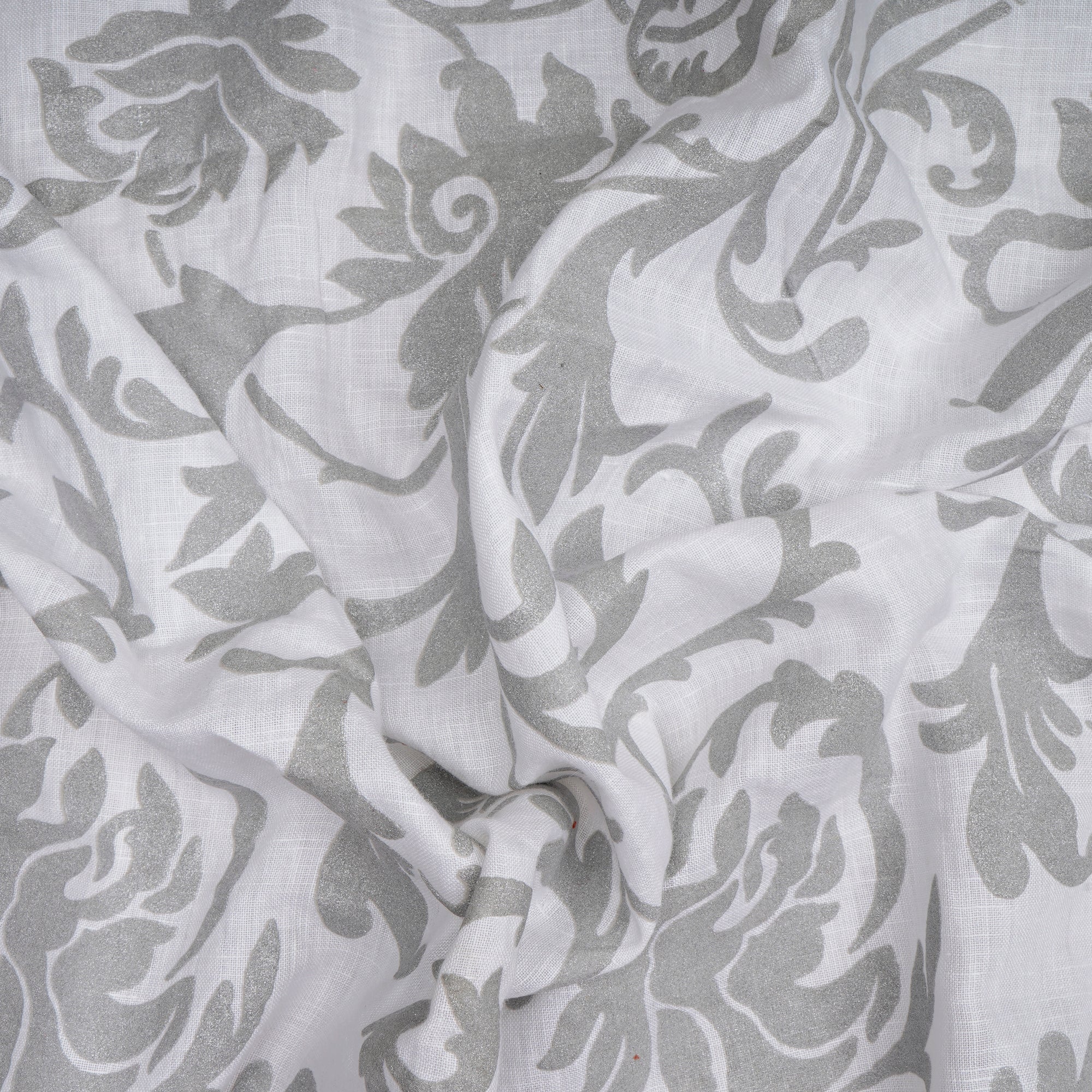 (Pre-Cut 1.15 Mtr)White-Silver Floral Pattern Embroidered Linen Fabric