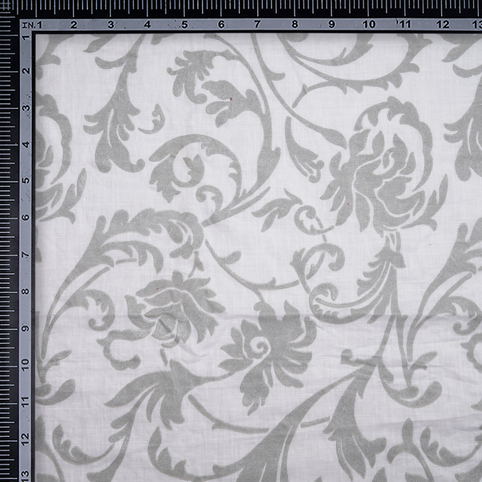 (Pre-Cut 1.15 Mtr)White-Silver Floral Pattern Embroidered Linen Fabric