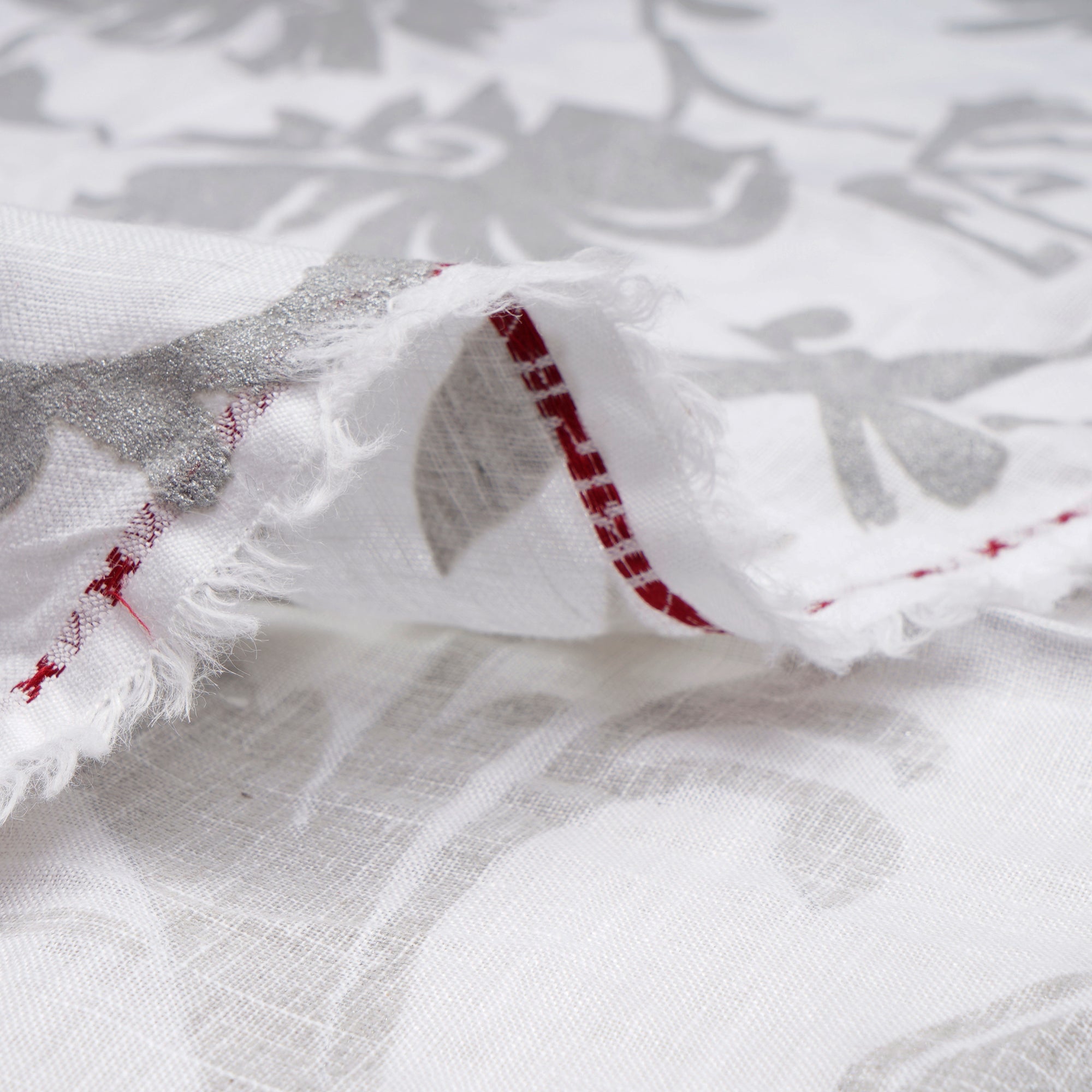 (Pre-Cut 1.15 Mtr)White-Silver Floral Pattern Embroidered Linen Fabric