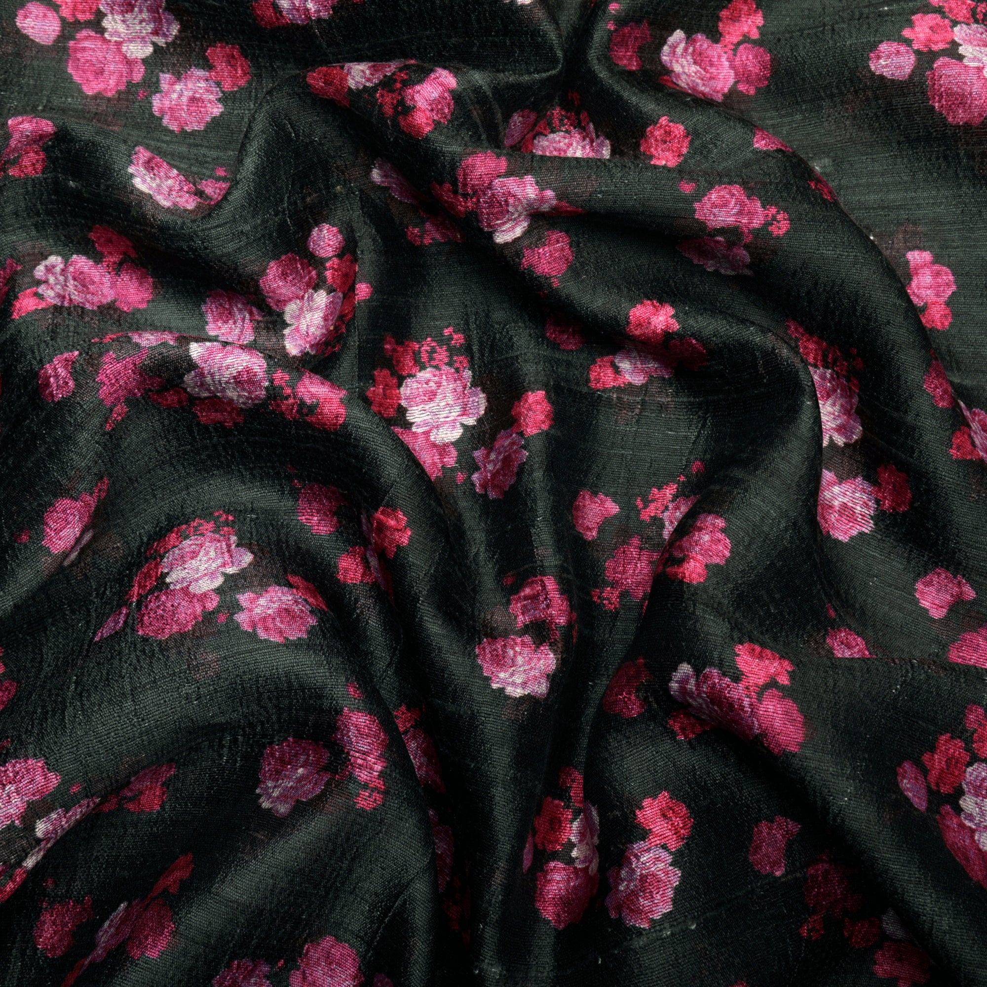 (Pre-Cut 2.00 Mtr)Black-Pink Color Digital Printed Dupion Silk Fabric