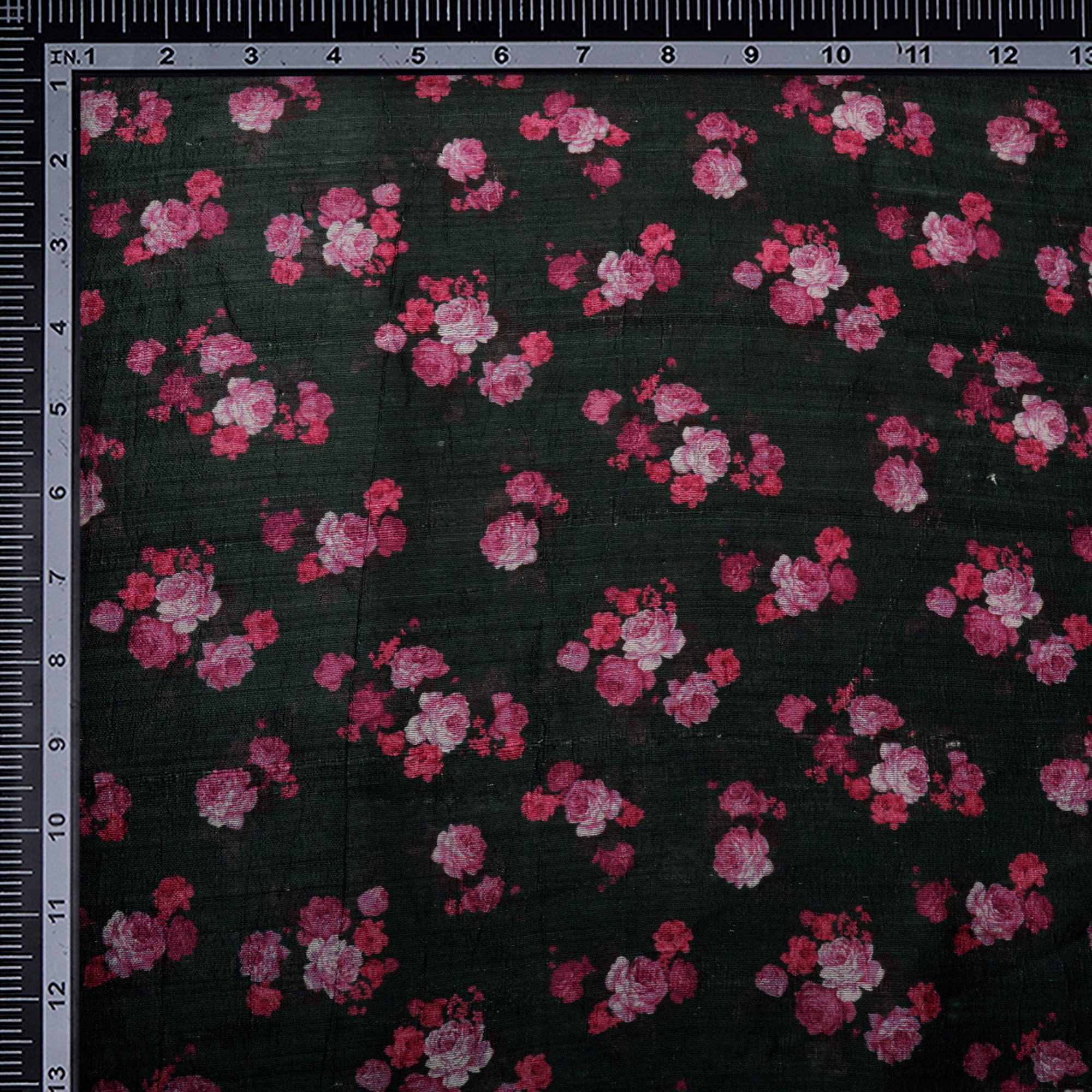 (Pre-Cut 2.00 Mtr)Black-Pink Color Digital Printed Dupion Silk Fabric