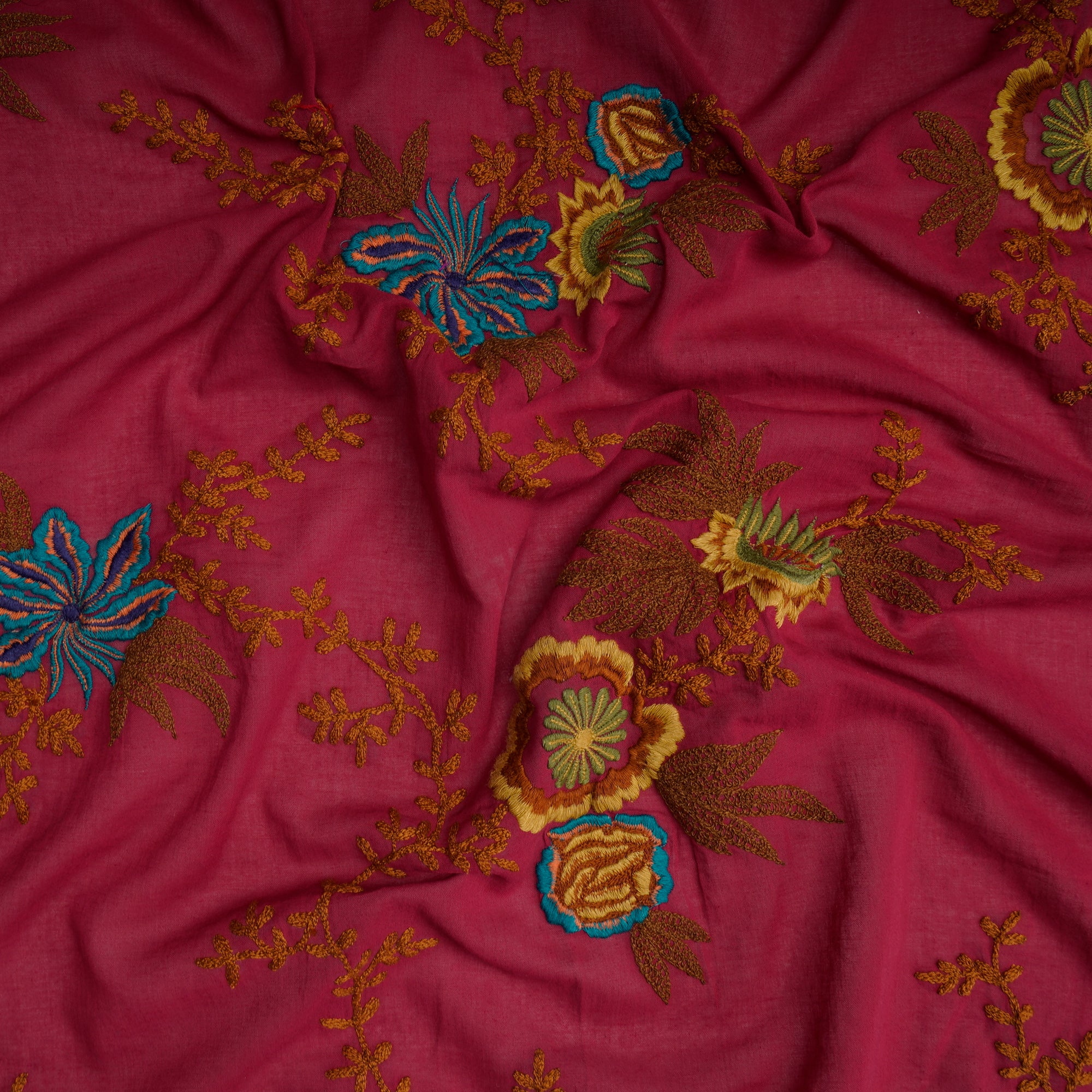 (Pre-Cut 0.50 Mtr) Maroon Floral Pattern Thread Embroidered Cotton Fabric