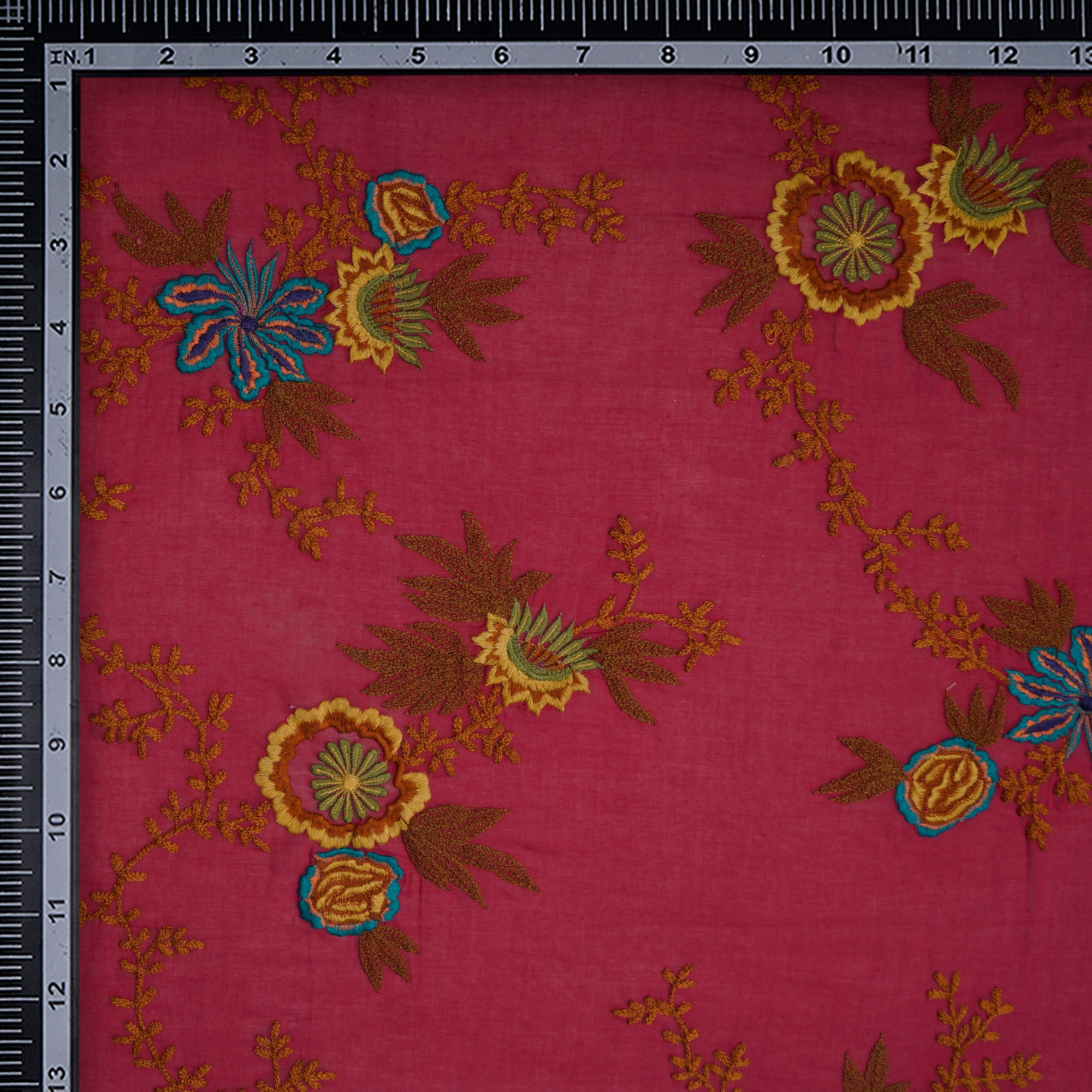 (Pre-Cut 0.50 Mtr) Maroon Floral Pattern Thread Embroidered Cotton Fabric