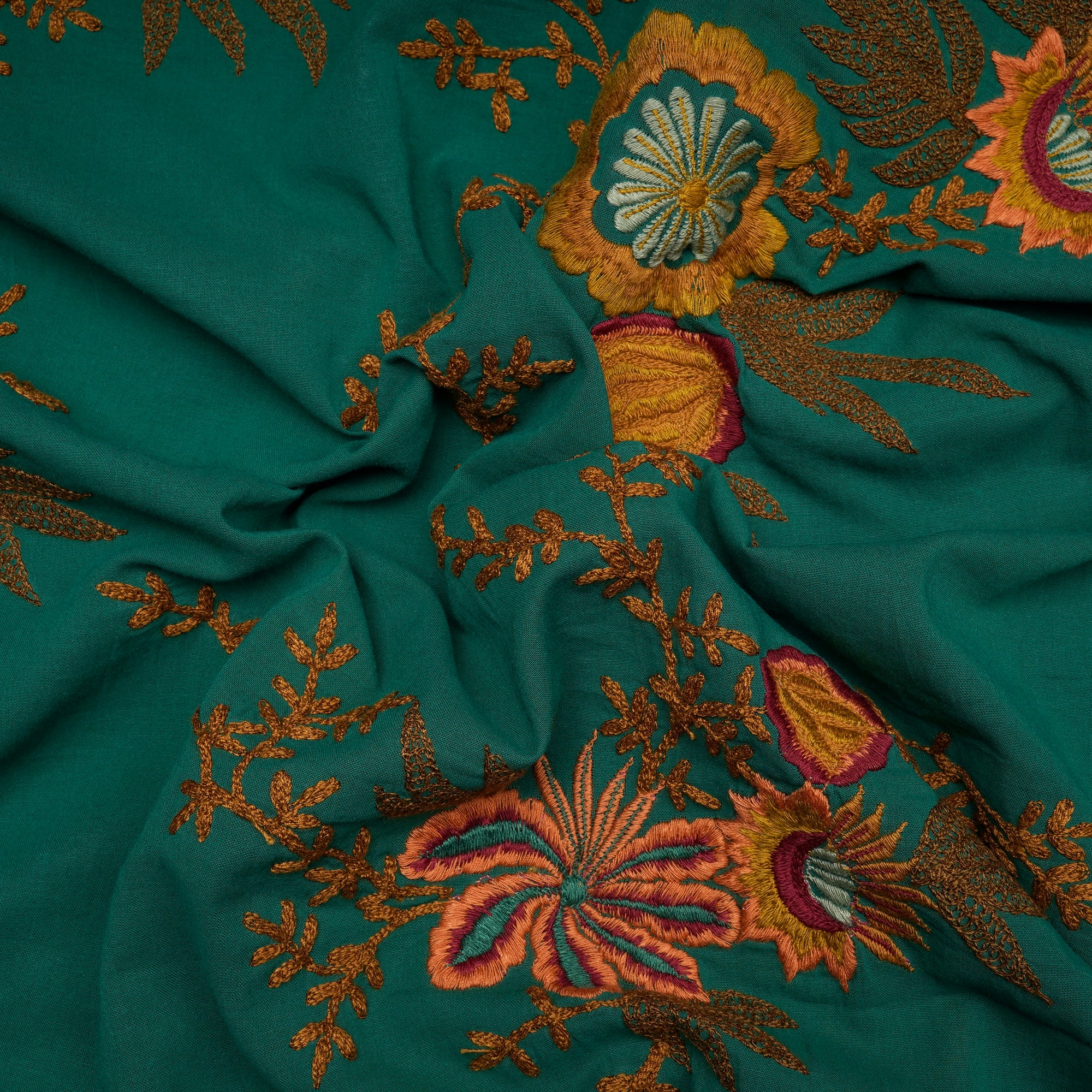 (Pre-Cut 2.50 Mtr)Green Embroidered Cotton Voile Fabric