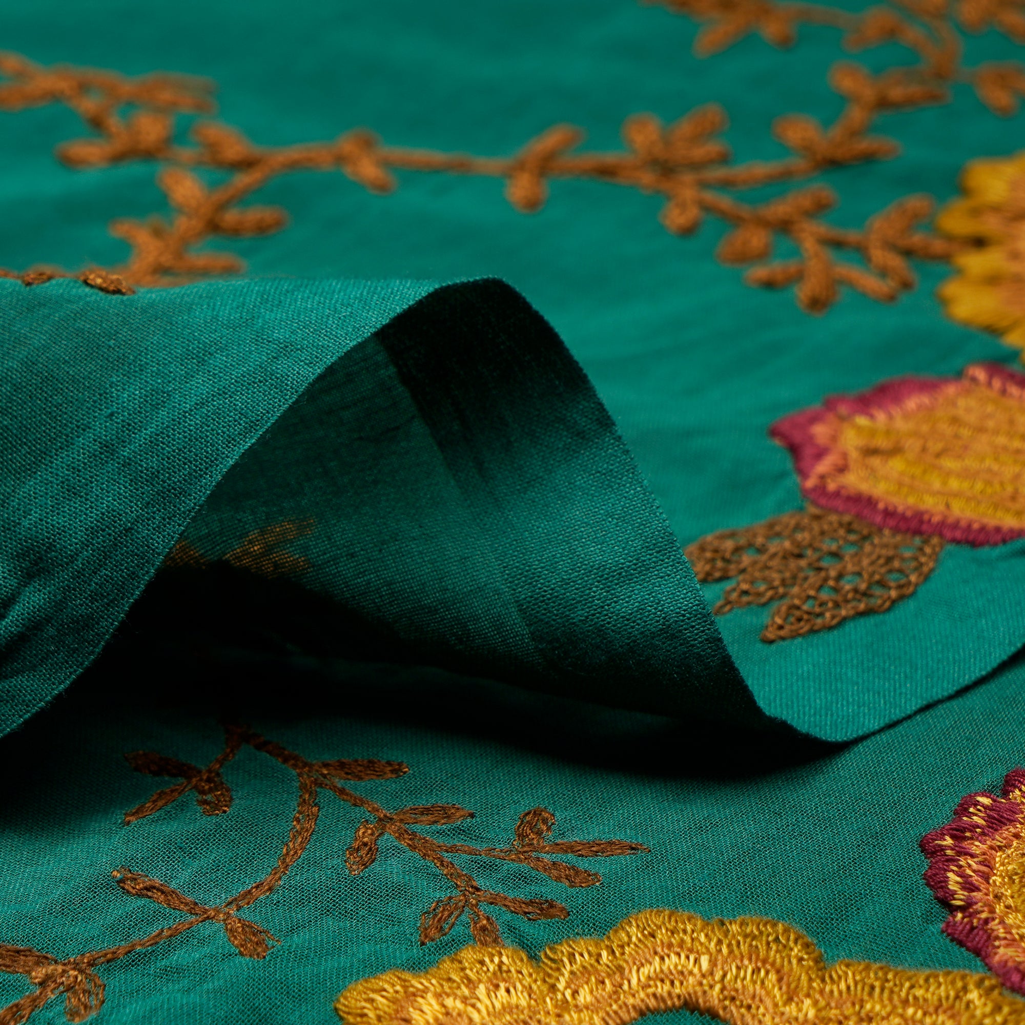 (Pre-Cut 2.50 Mtr)Green Embroidered Cotton Voile Fabric