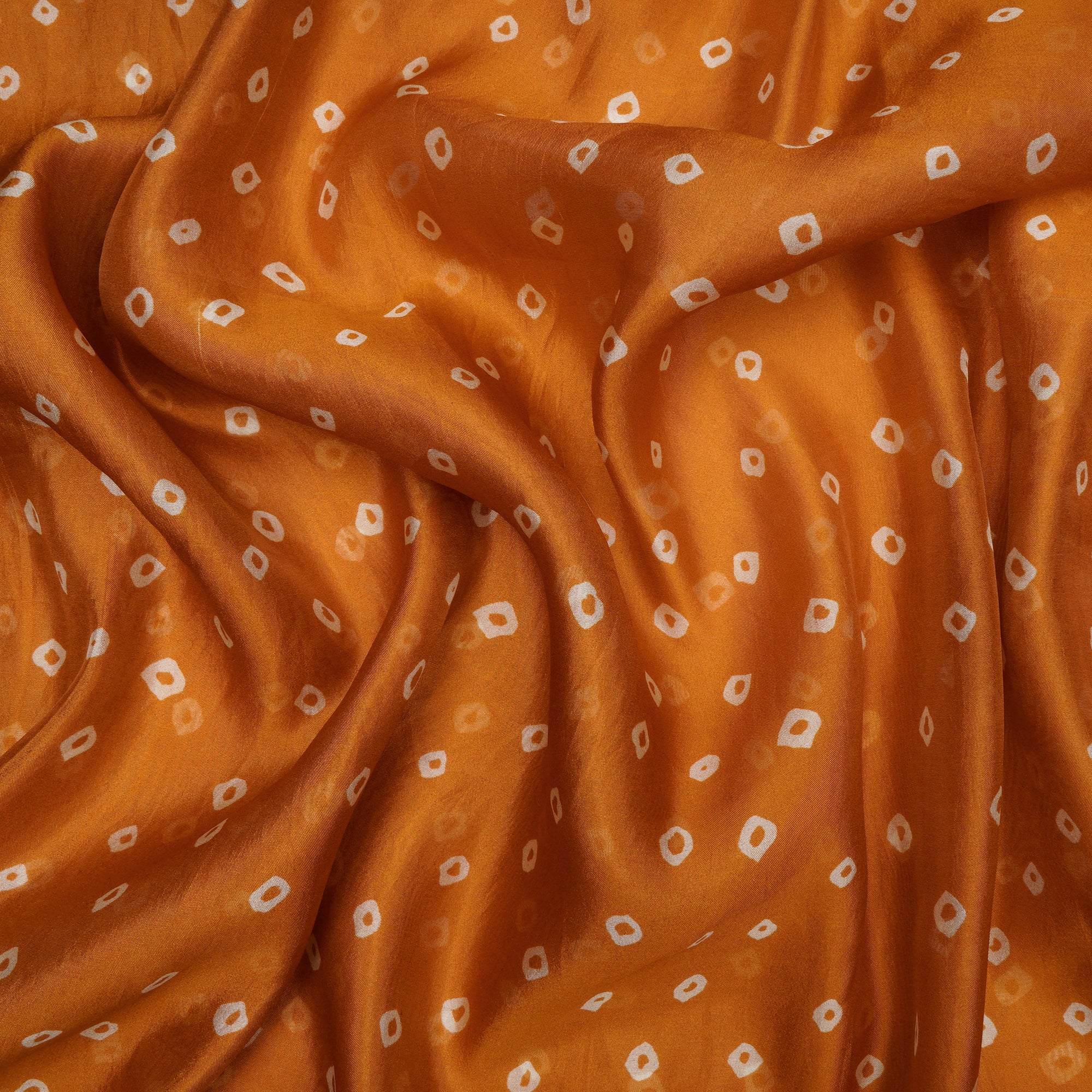 (Pre-Cut 2.00 Mtr)Dark Orange Bandhani Pattern Digital Print Italian Taffetta Silk Fabric