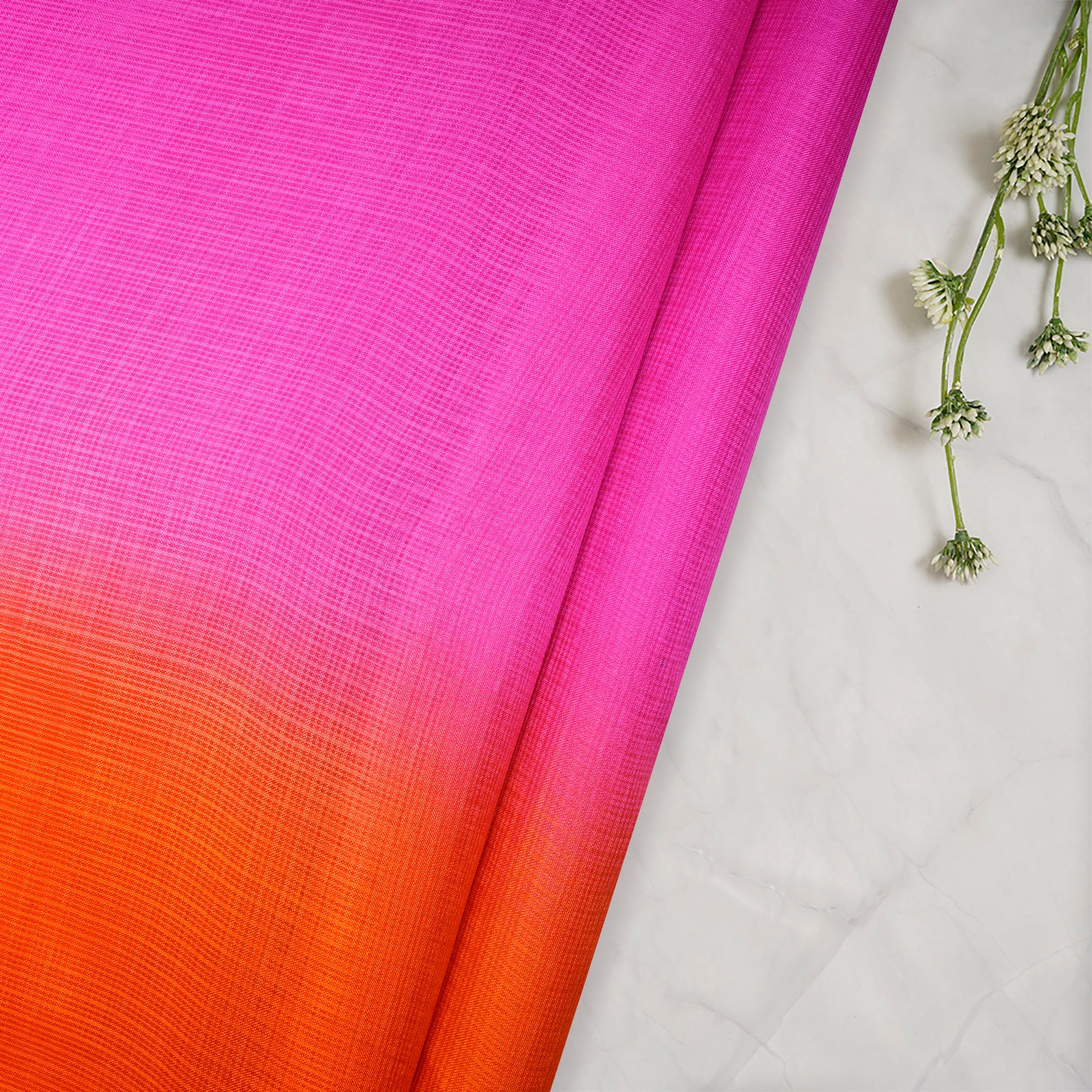 (Pre-Cut 2.60 Mtr)Orange-Pink Ombre Dyed Kota Silk Fabric