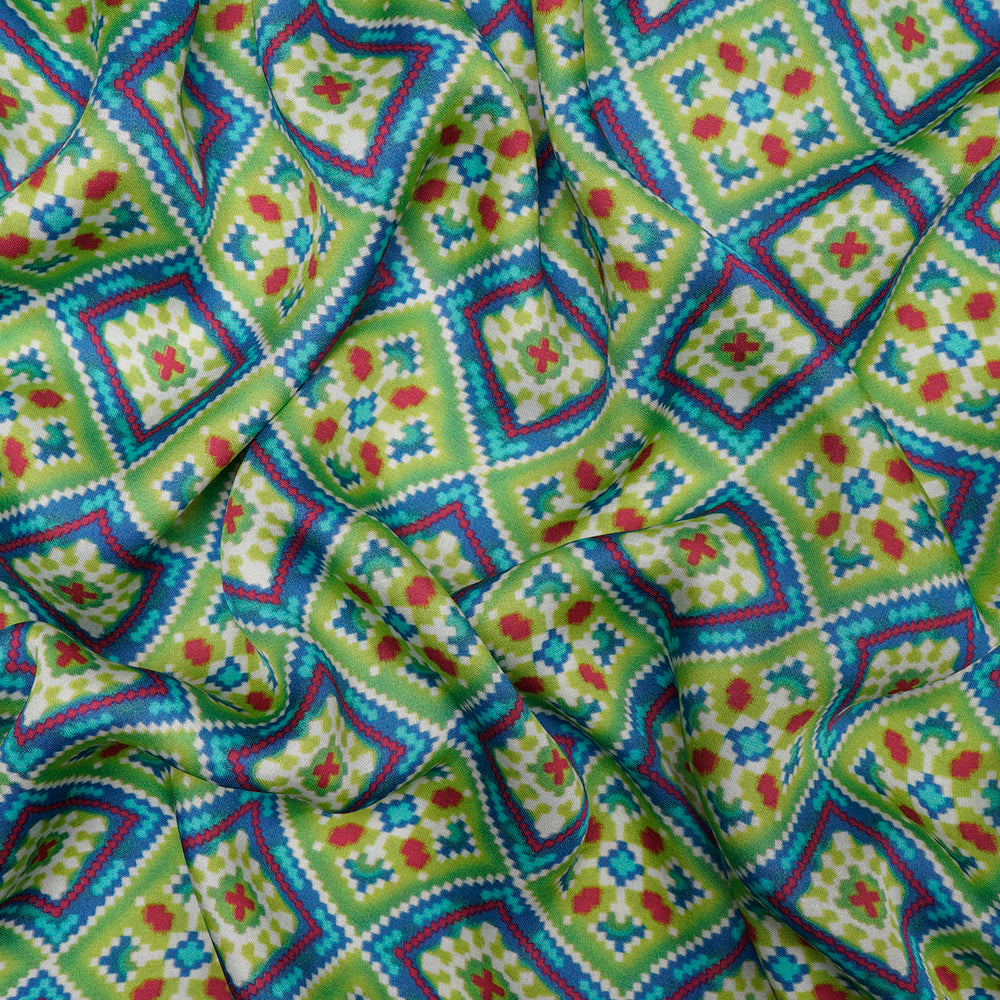 (Pre-Cut 3.00 Mtr) Green-Blue Patola Pattern Digital Printed Bemberg Modal Satin Fabric