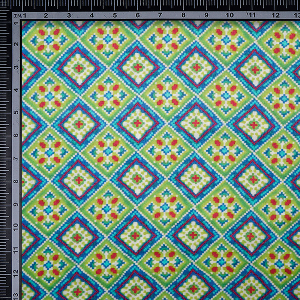 (Pre-Cut 3.00 Mtr) Green-Blue Patola Pattern Digital Printed Bemberg Modal Satin Fabric