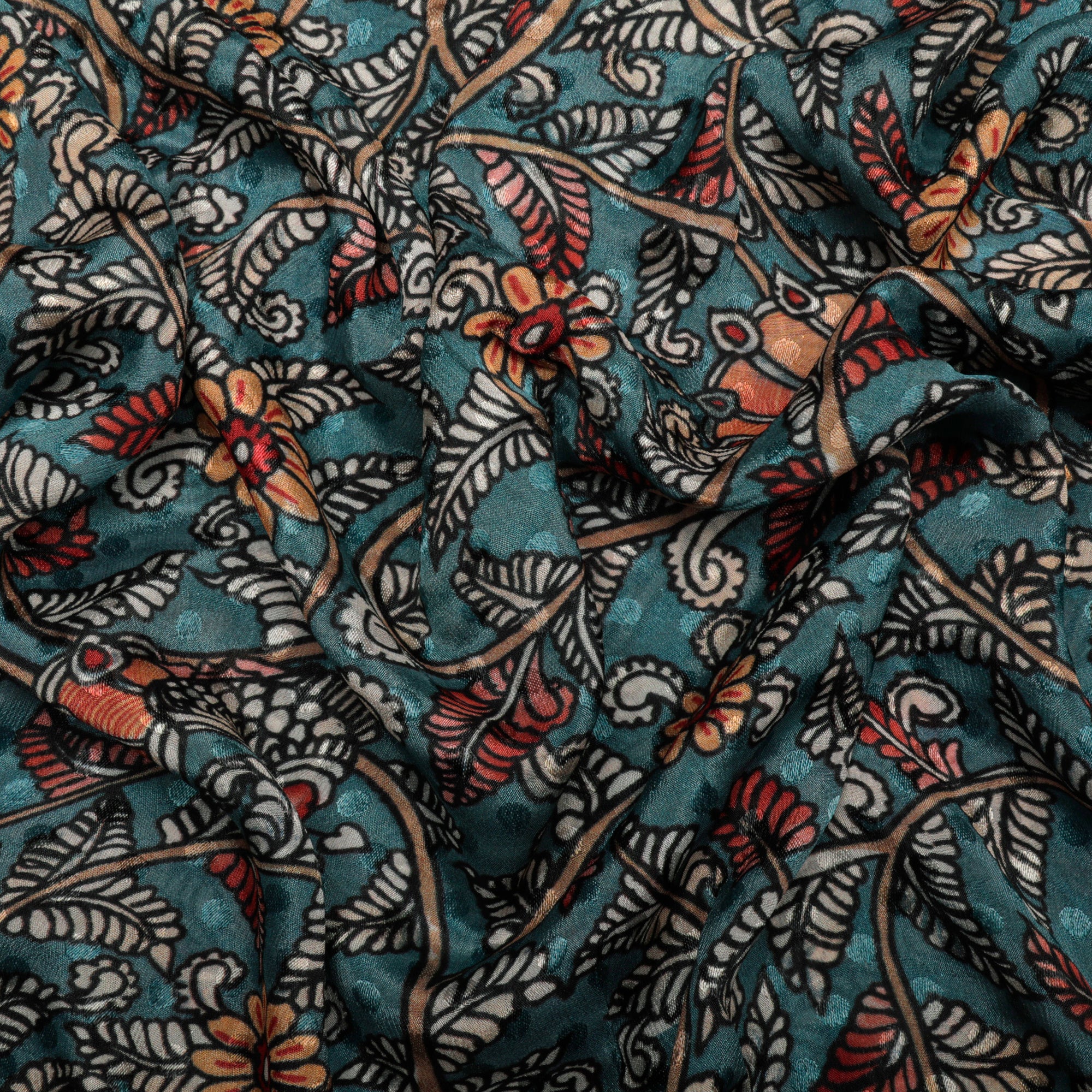 (Pre-Cut 2.45 Mtr)Teal Color Digital Printed Kalamkari Pattern Bemberg Crepe Jacquard Fabric
