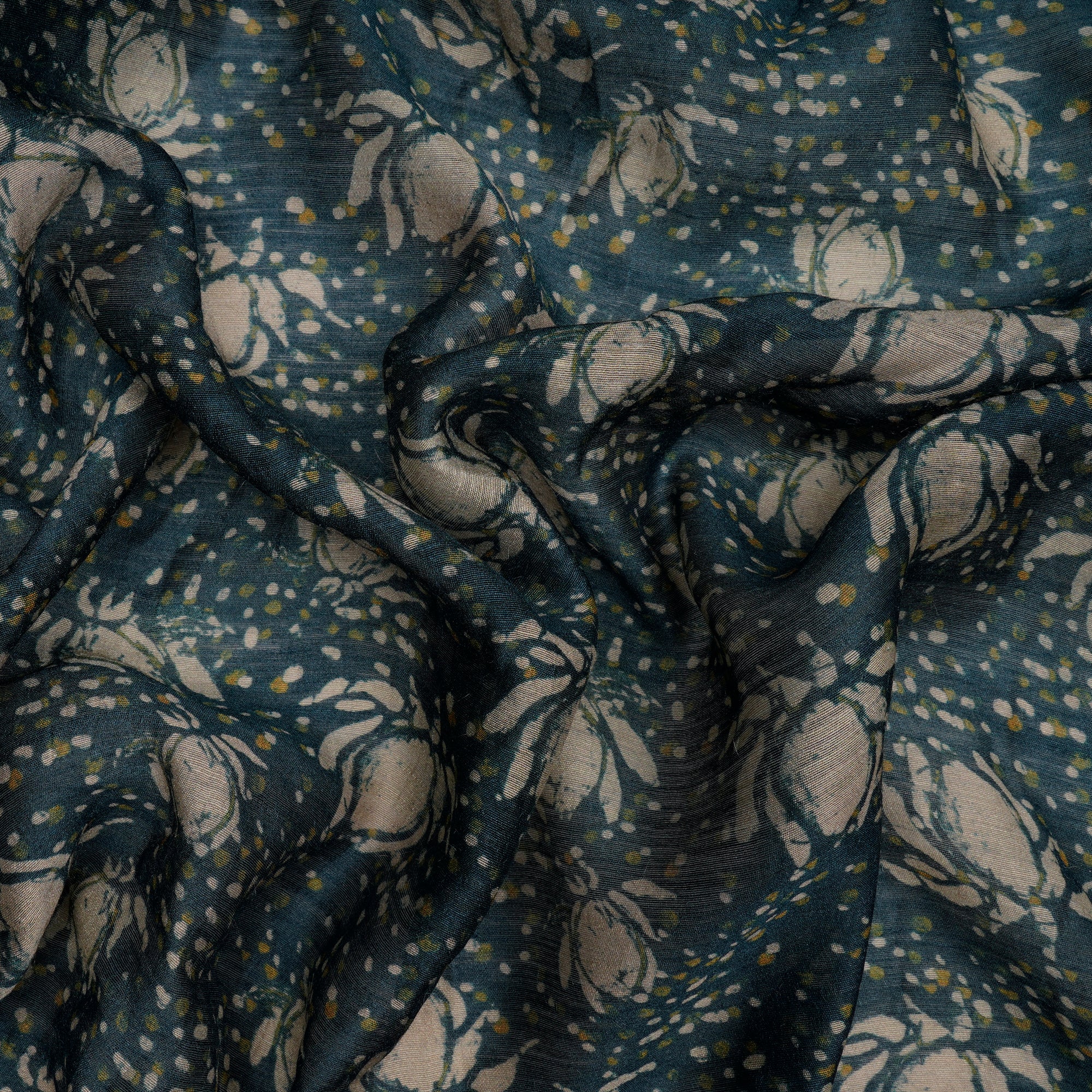 (Pre-Cut 1.30 Mtr)Blue Floral Pattern Digital Print Muga Silk Fabric