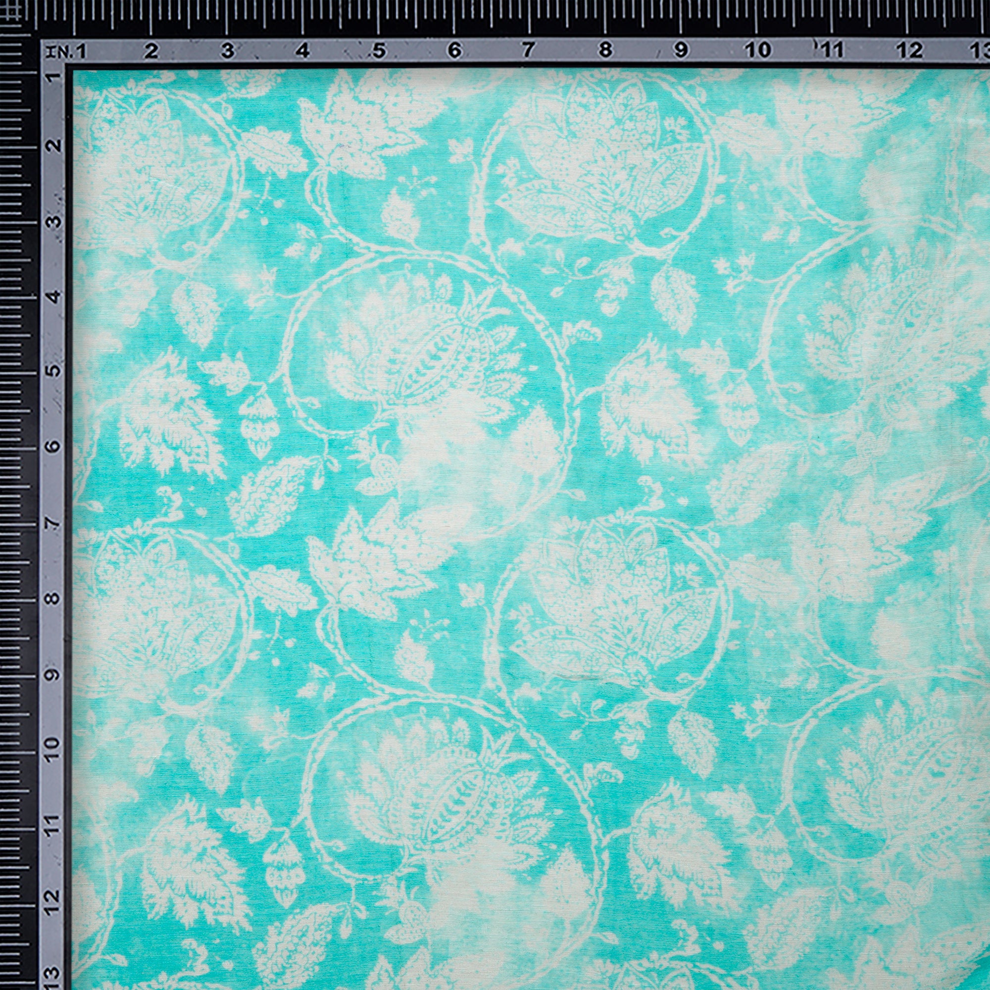 (Pre-Cut 1.10 Mtr)Aqua Splash Floral Pattern Digital Print-Bemberg Linen Fabric
