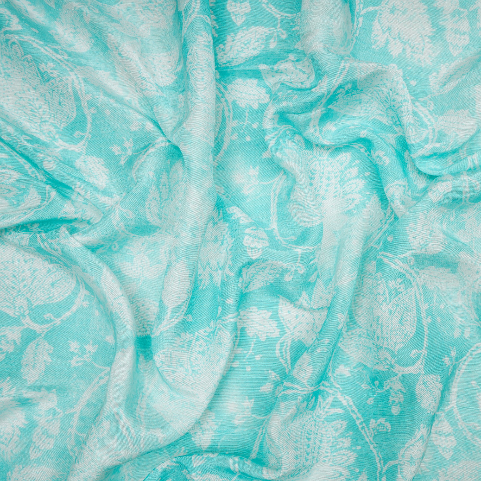 (Pre-Cut 1.20 Mtr) Aqua Splash Floral Pattern Digital Print Bemberg Linen Fabric