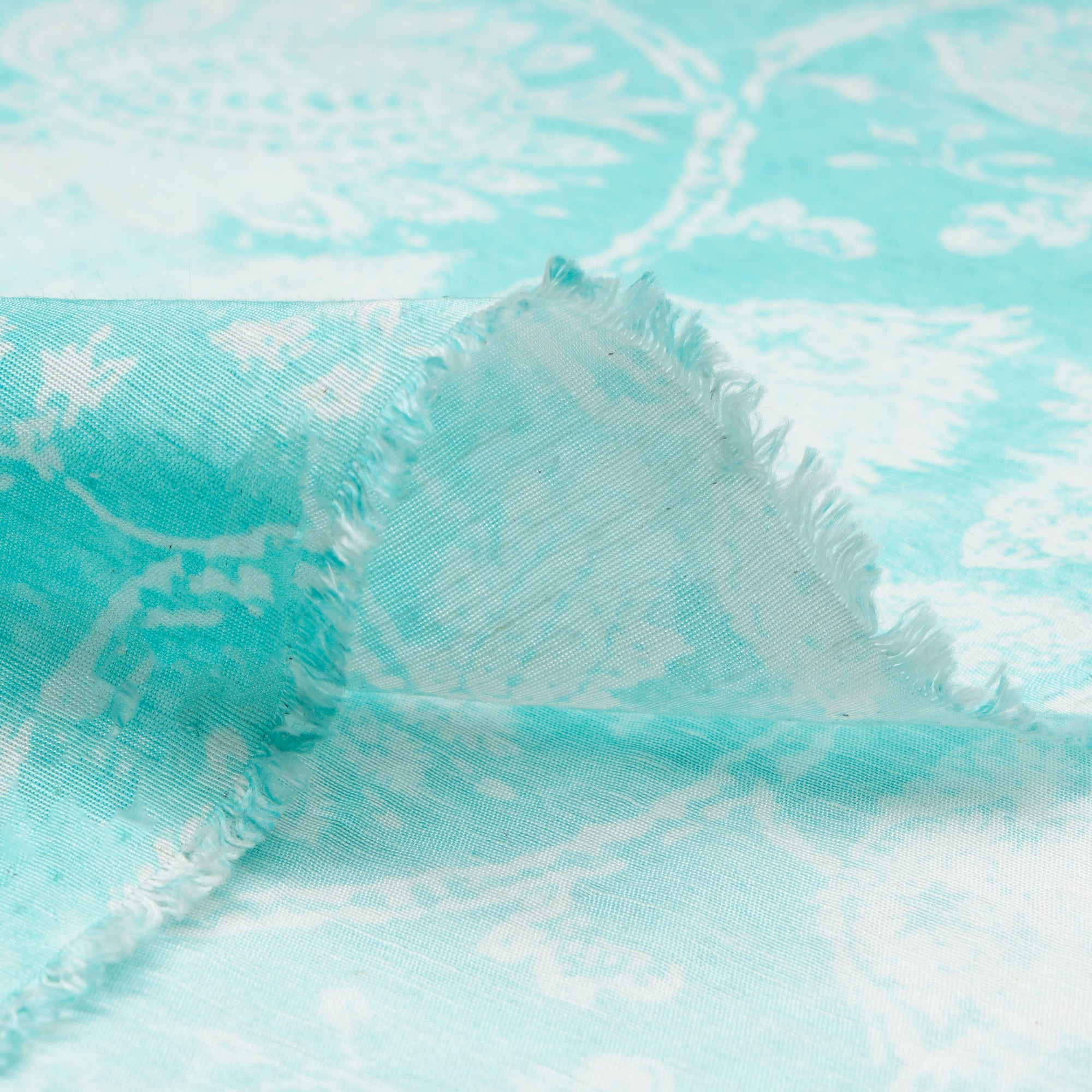 (Pre-Cut 1.20 Mtr) Aqua Splash Floral Pattern Digital Print Bemberg Linen Fabric