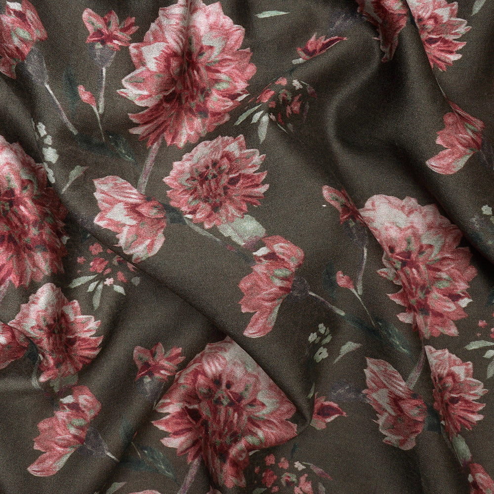 (Pre-Cut 1.00 Mtr) Olive Floral Pattern Digital Printed Pure Chanderi Fabric