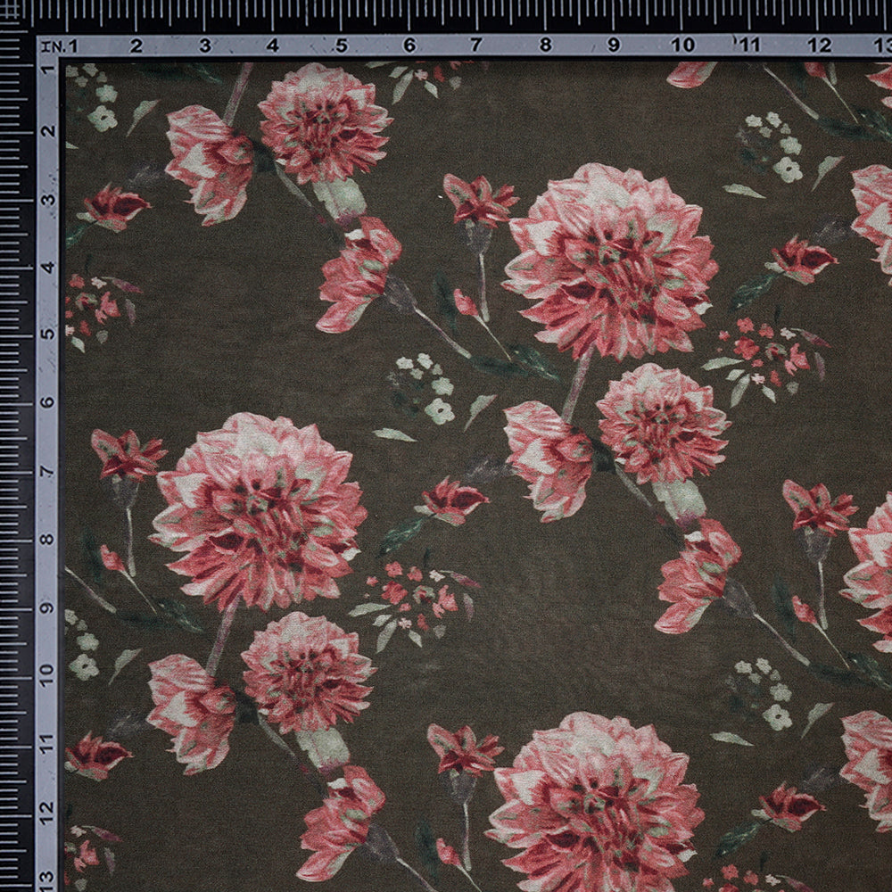 (Pre-Cut 1.00 Mtr) Olive Floral Pattern Digital Printed Pure Chanderi Fabric