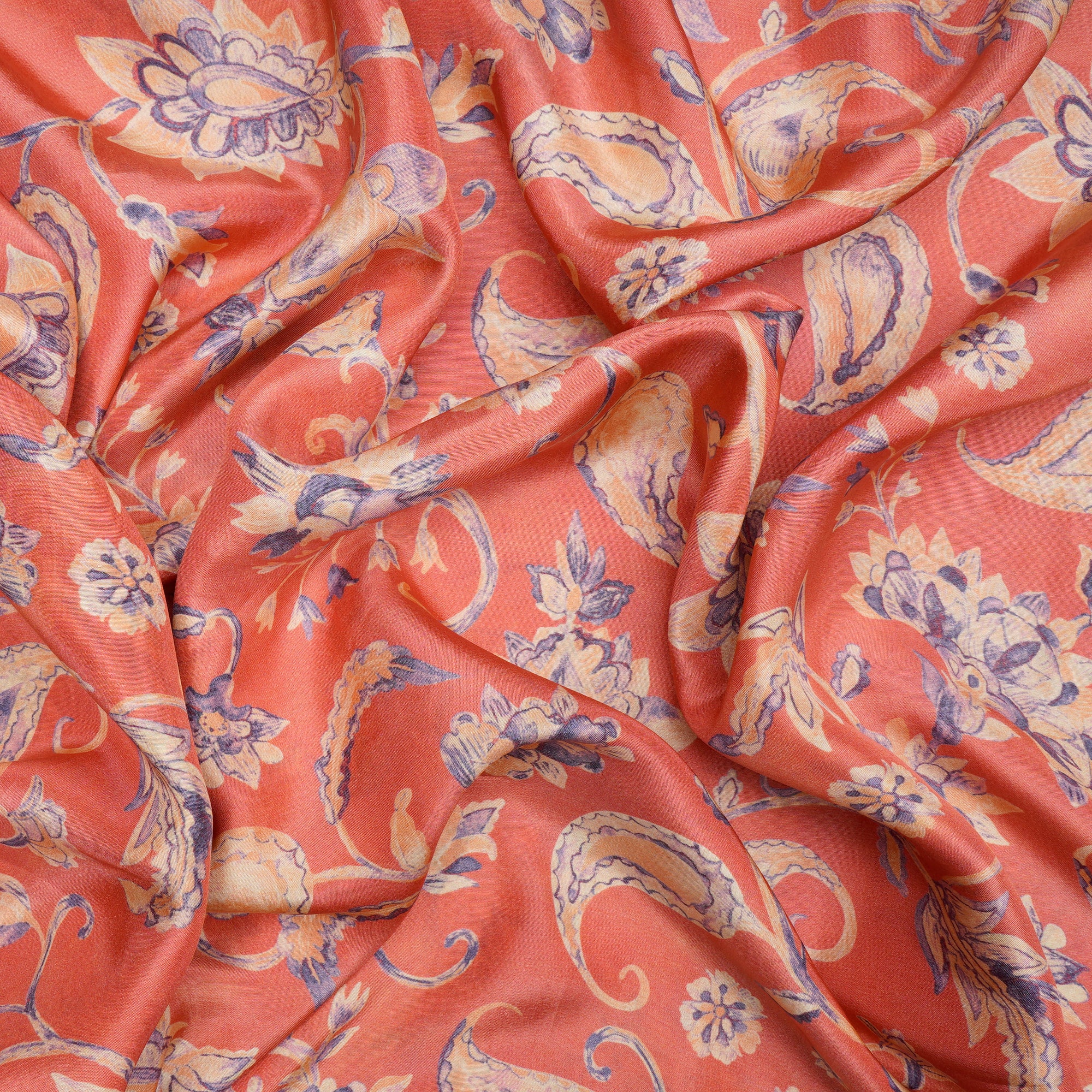 (Pre-Cut 2.35 Mtr) Peach Floral Pattern Digital Print Muslin Cotton Fabric