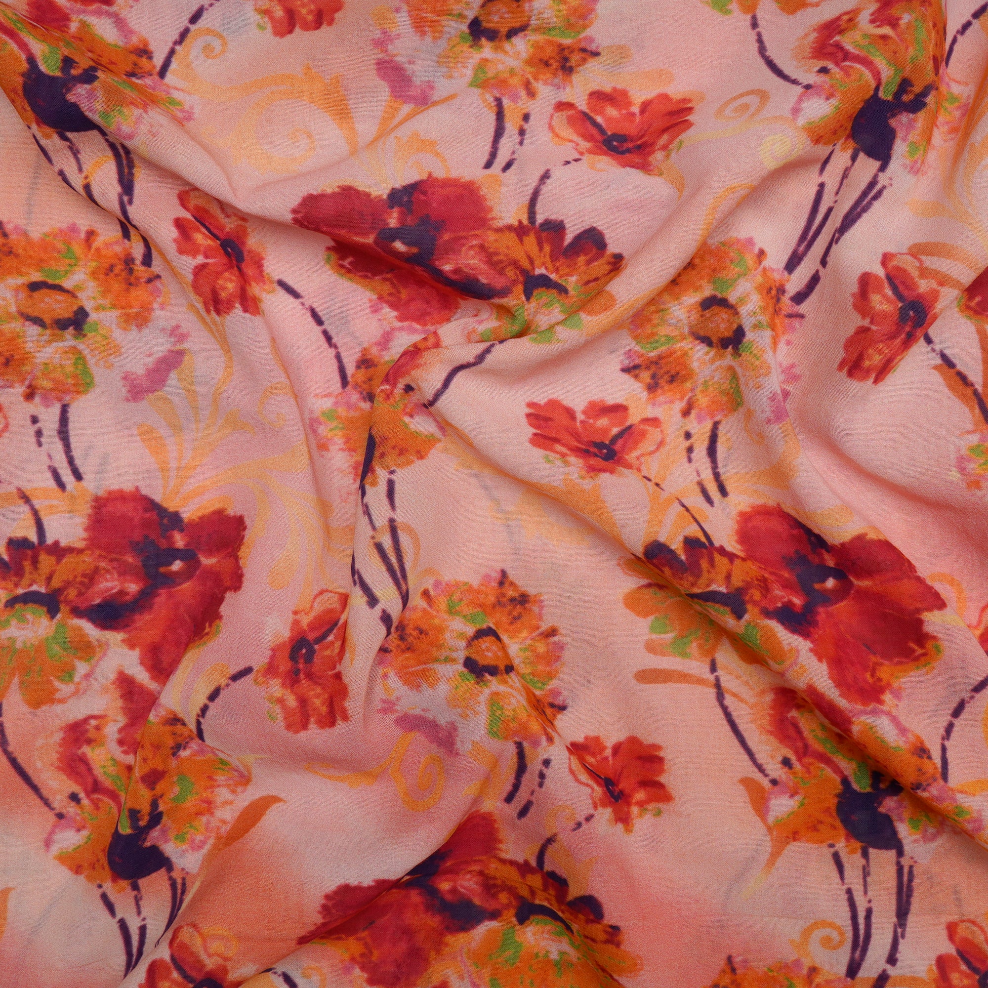 (Pre-Cut 1.50 Mtr)Multi Color Floral Pattern Digital Printed High Twist Cotton Voile Fabric