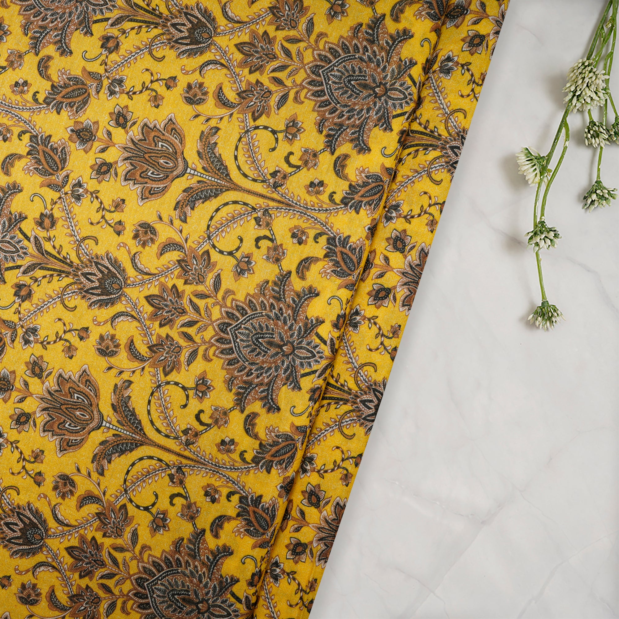 (Pre-Cut 3.85 Mtr)Dark Yellor Floral Pattern Digital Printed Chanderi Fabric