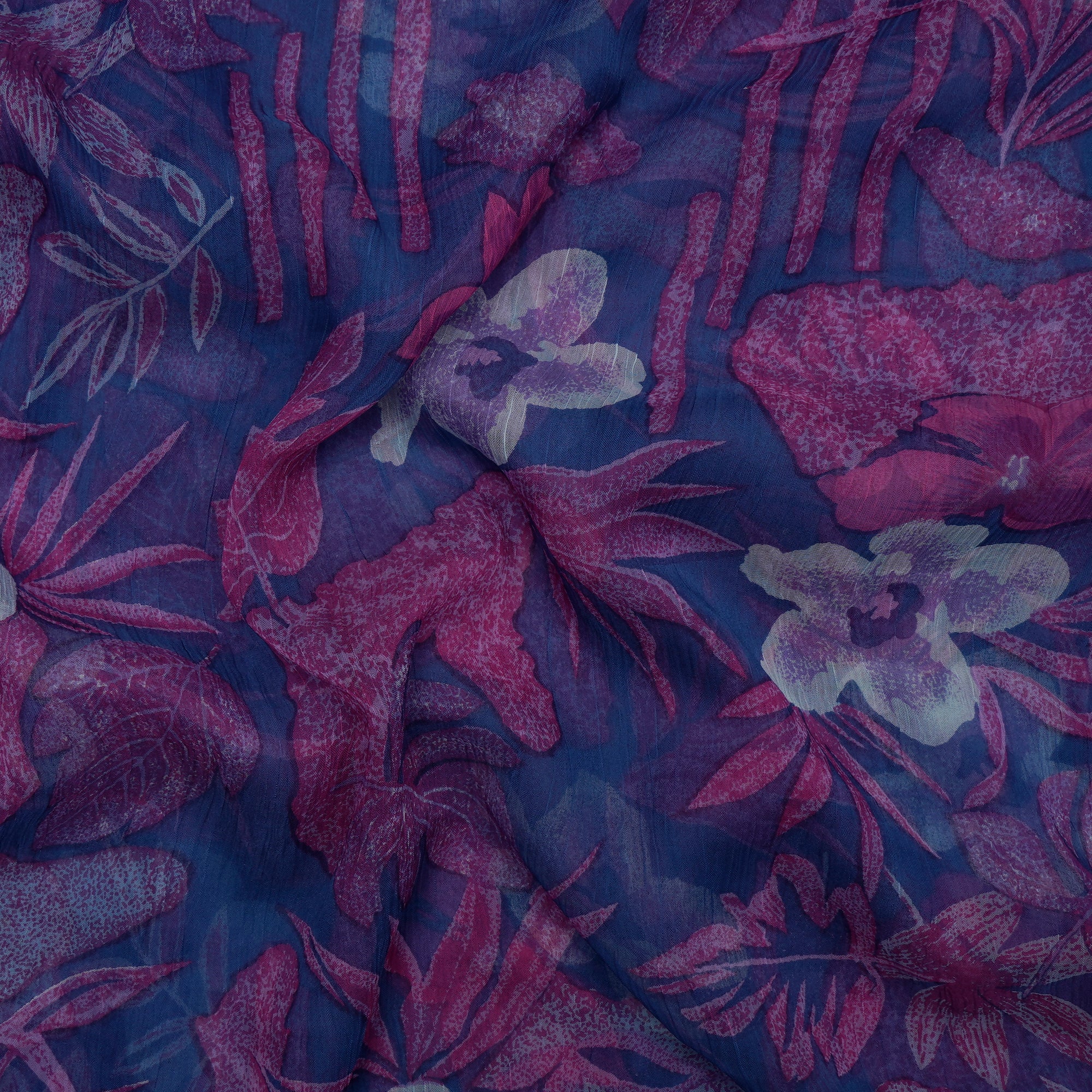 (Pre-Cut 1.20 Mtr )Purple-Blue Floral Pattern Screen Printed Viscose Chiffon Fabric