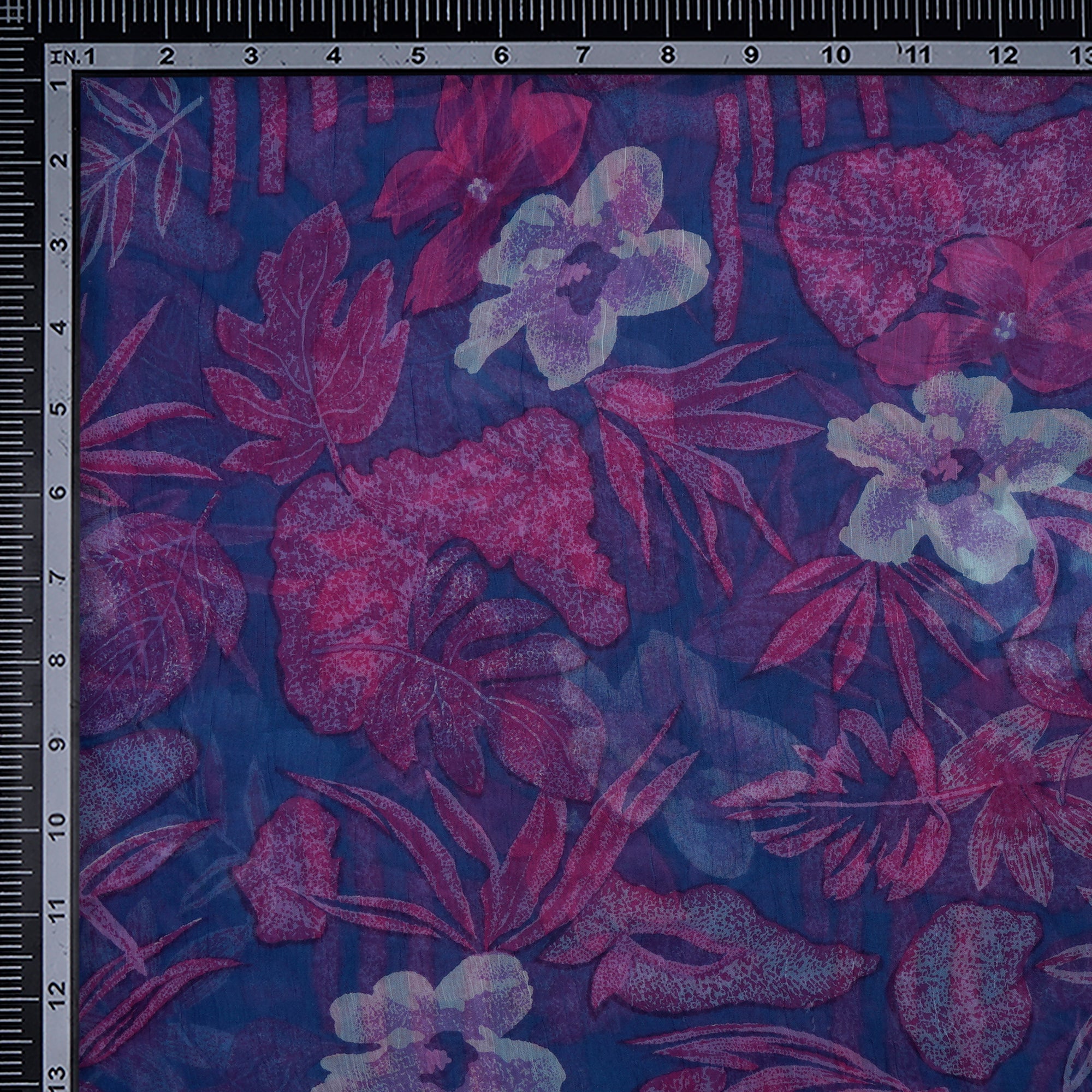 (Pre-Cut 1.20 Mtr )Purple-Blue Floral Pattern Screen Printed Viscose Chiffon Fabric