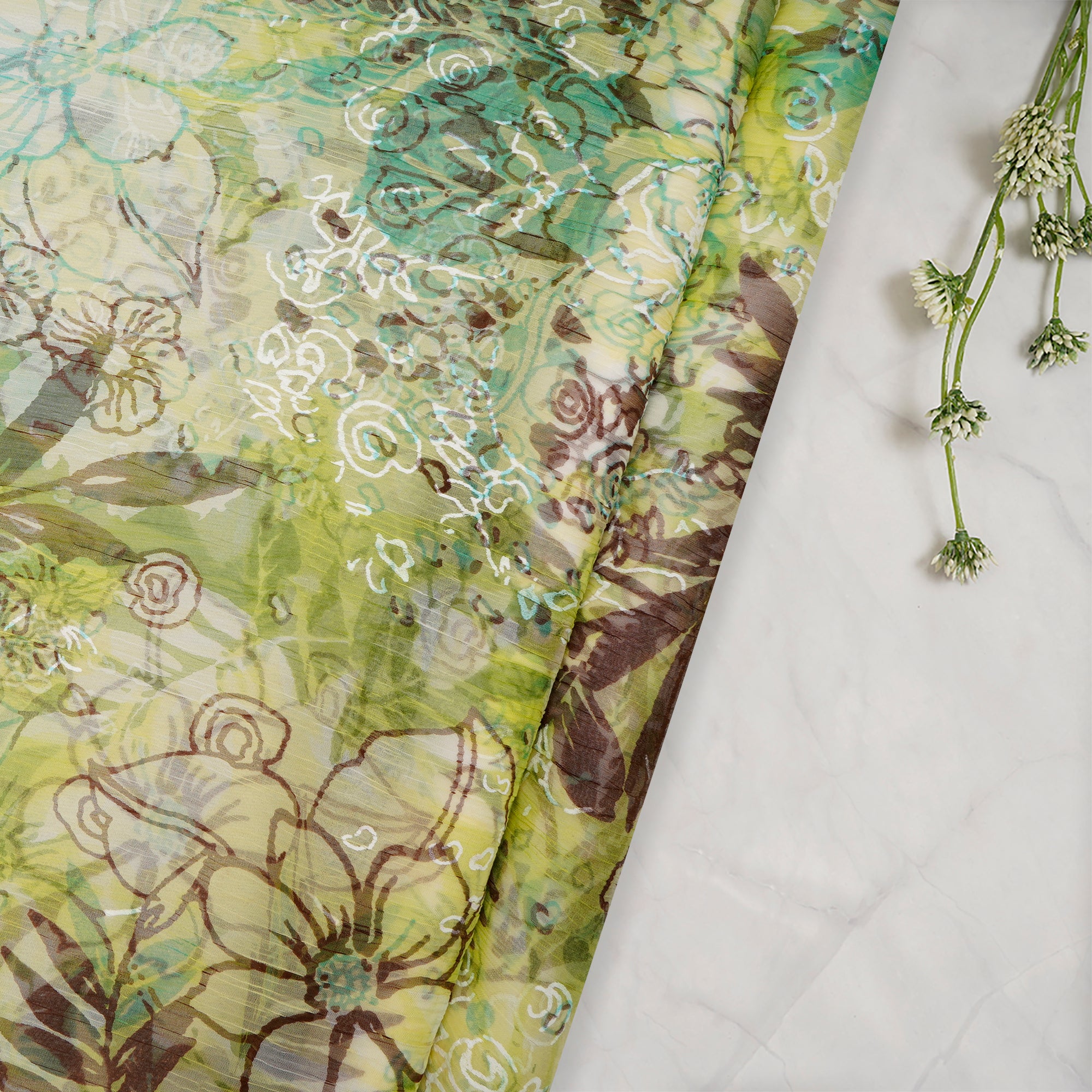 (Pre-Cut 1.50 Mtr)Green Floral Pattern Screen Printed Viscose Chiffon Fabric