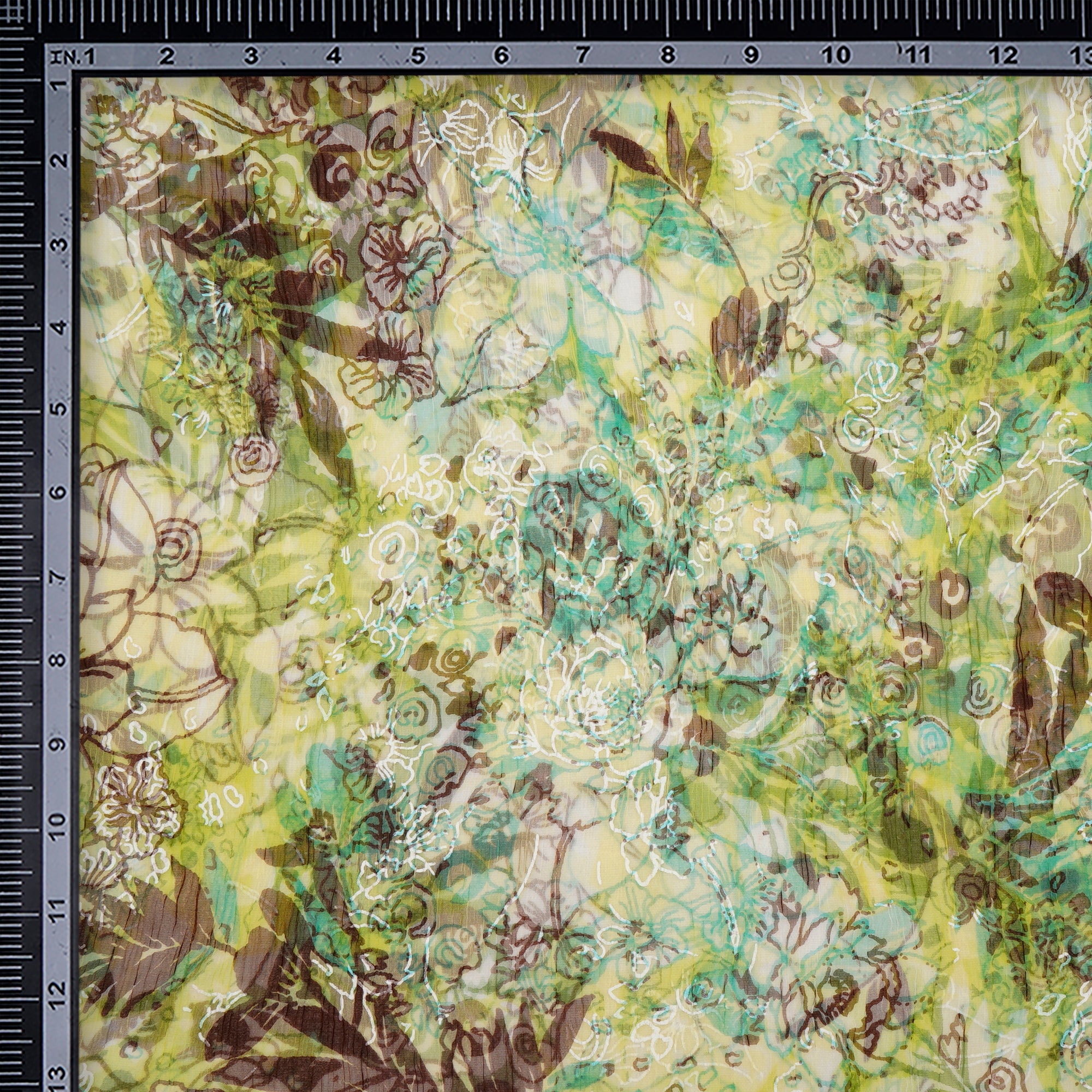 (Pre-Cut 1.50 Mtr)Green Floral Pattern Screen Printed Viscose Chiffon Fabric