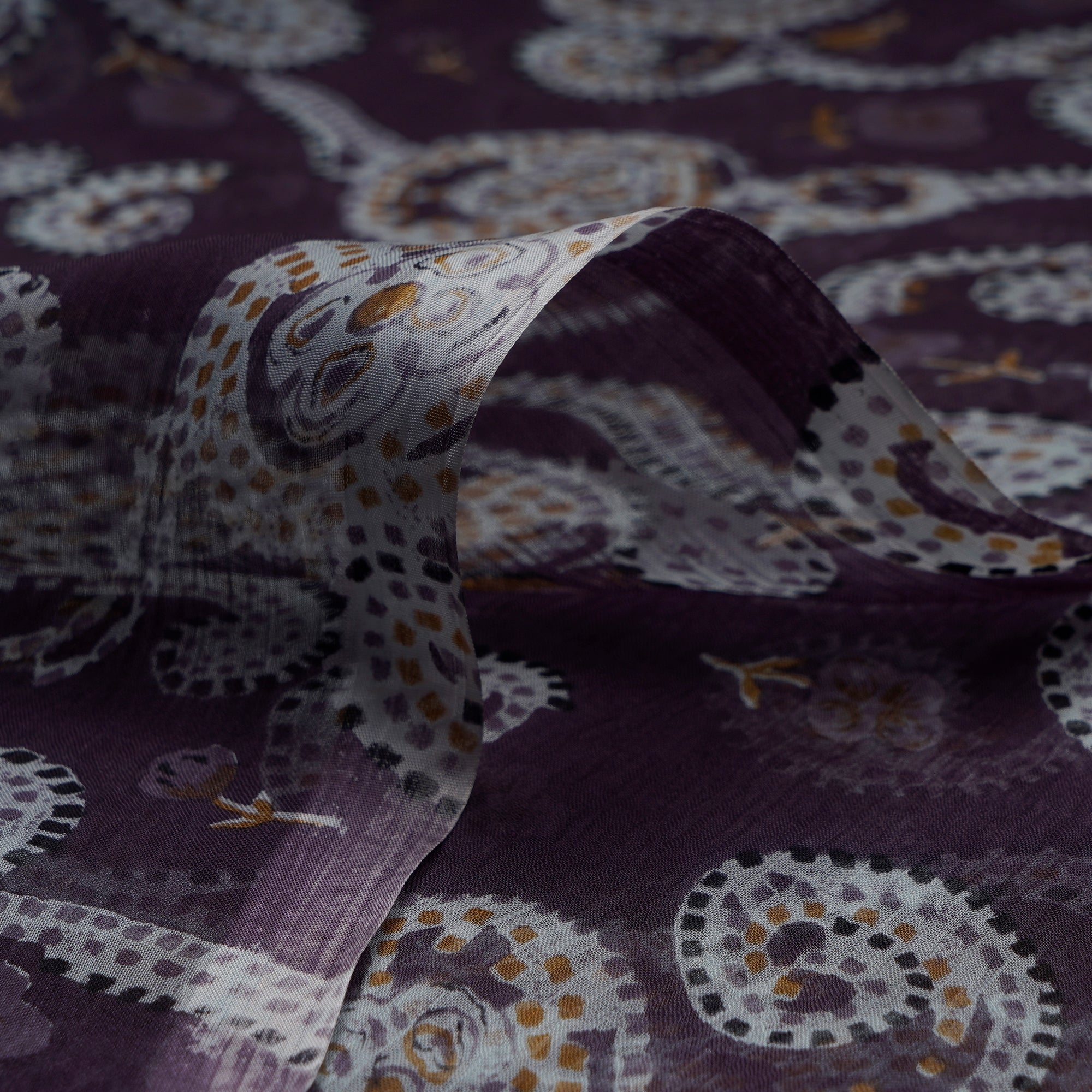 (Pre-Cut 3.40 Mtr)Mauve Floral Pattern Screen Printed Viscose Chiffon Fabric