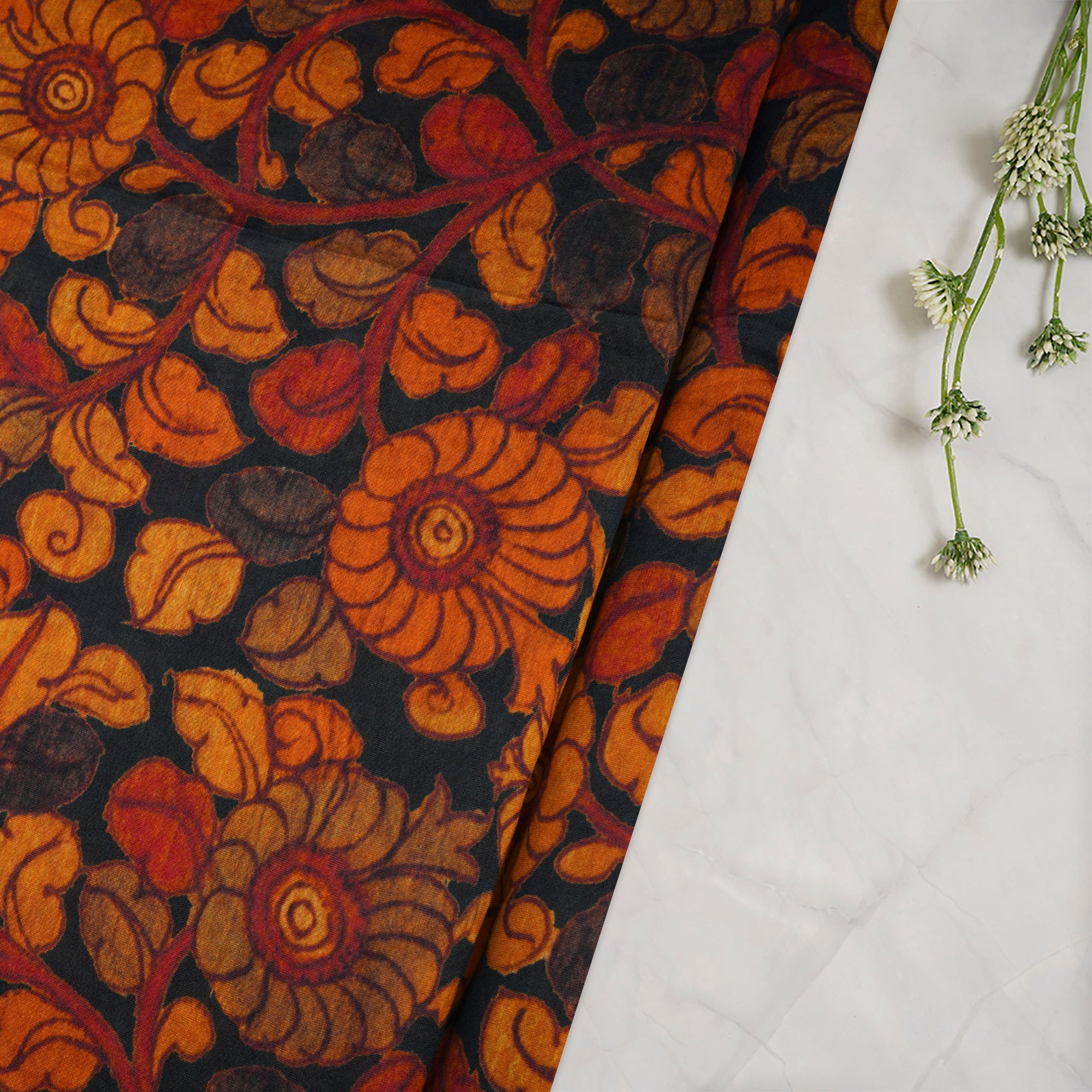 (Pre-Cut 1.40 Mtr)Black Floral Pattern Digital Print Chandei Fabric