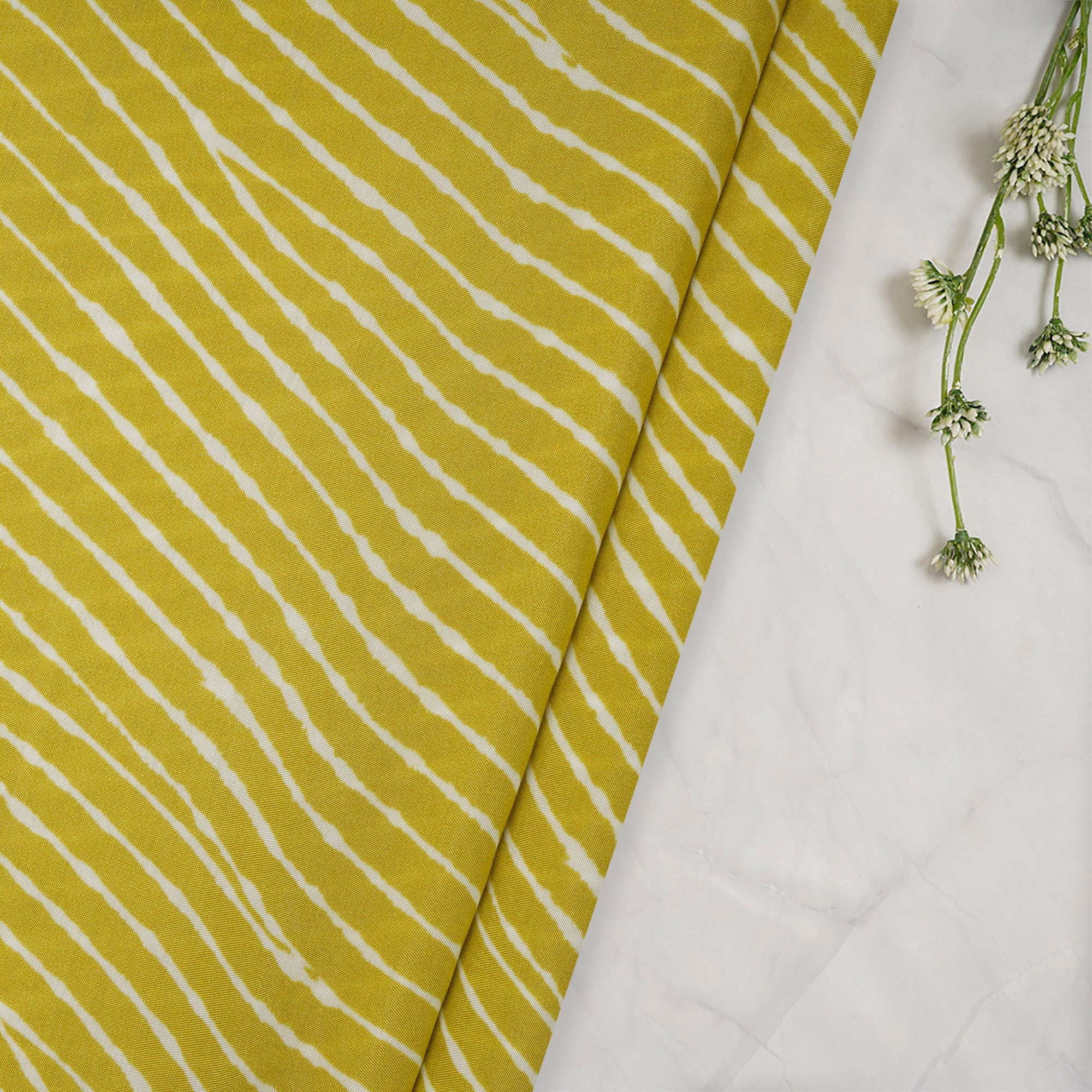 (Pre-Cut 1.60 Mtr)Celery Yellow Lehriya Pattern Digital Printed Viscose Fabric