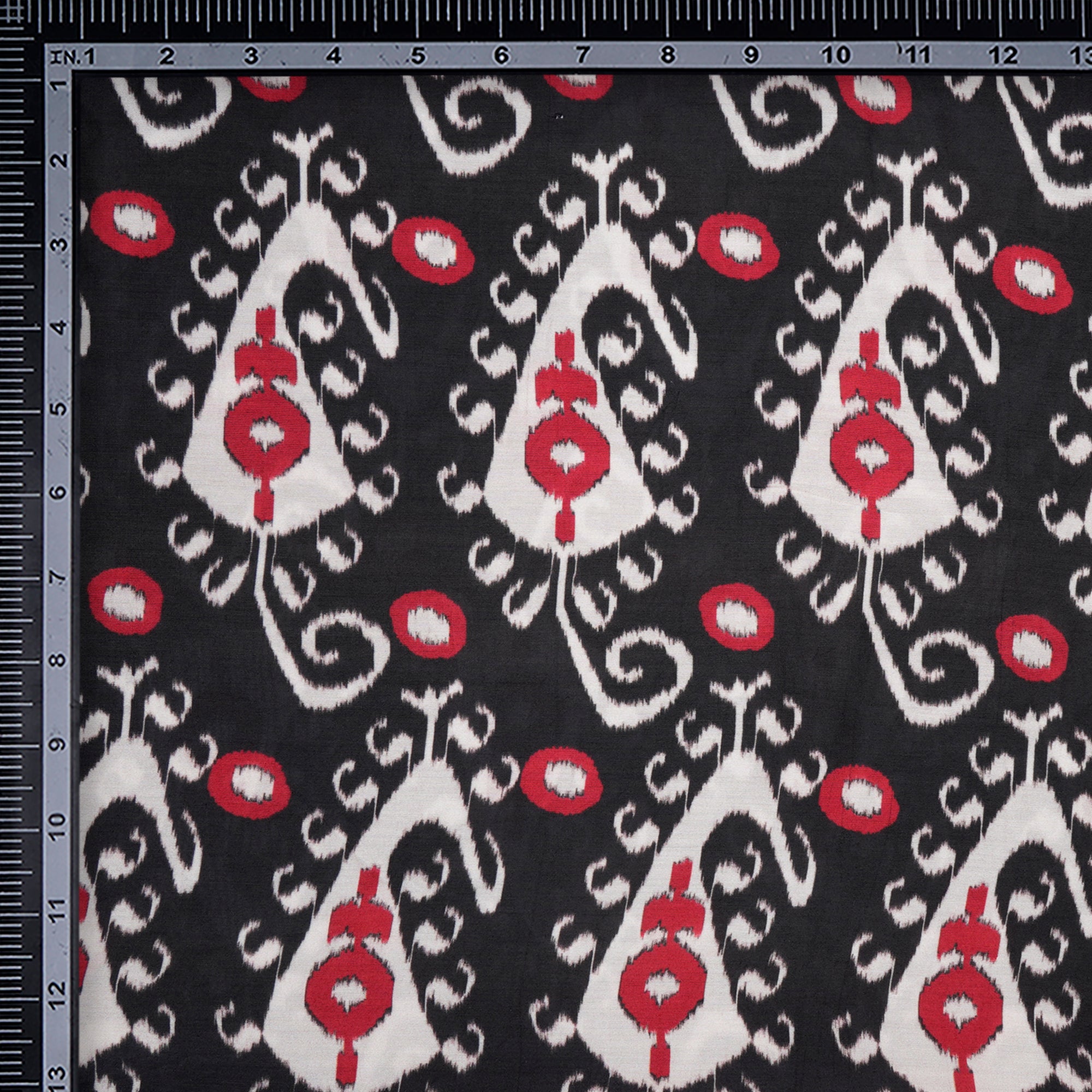 (Pre-Cut 2.70 Mtr)Black-Red Ikat Pattern Digital Print Bemberg Muslin Fabric